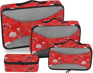 Flowers Red Travel Cubes for Packing 4 Set Luggage Organizer Packing Cubes Travel Pcking Cubes