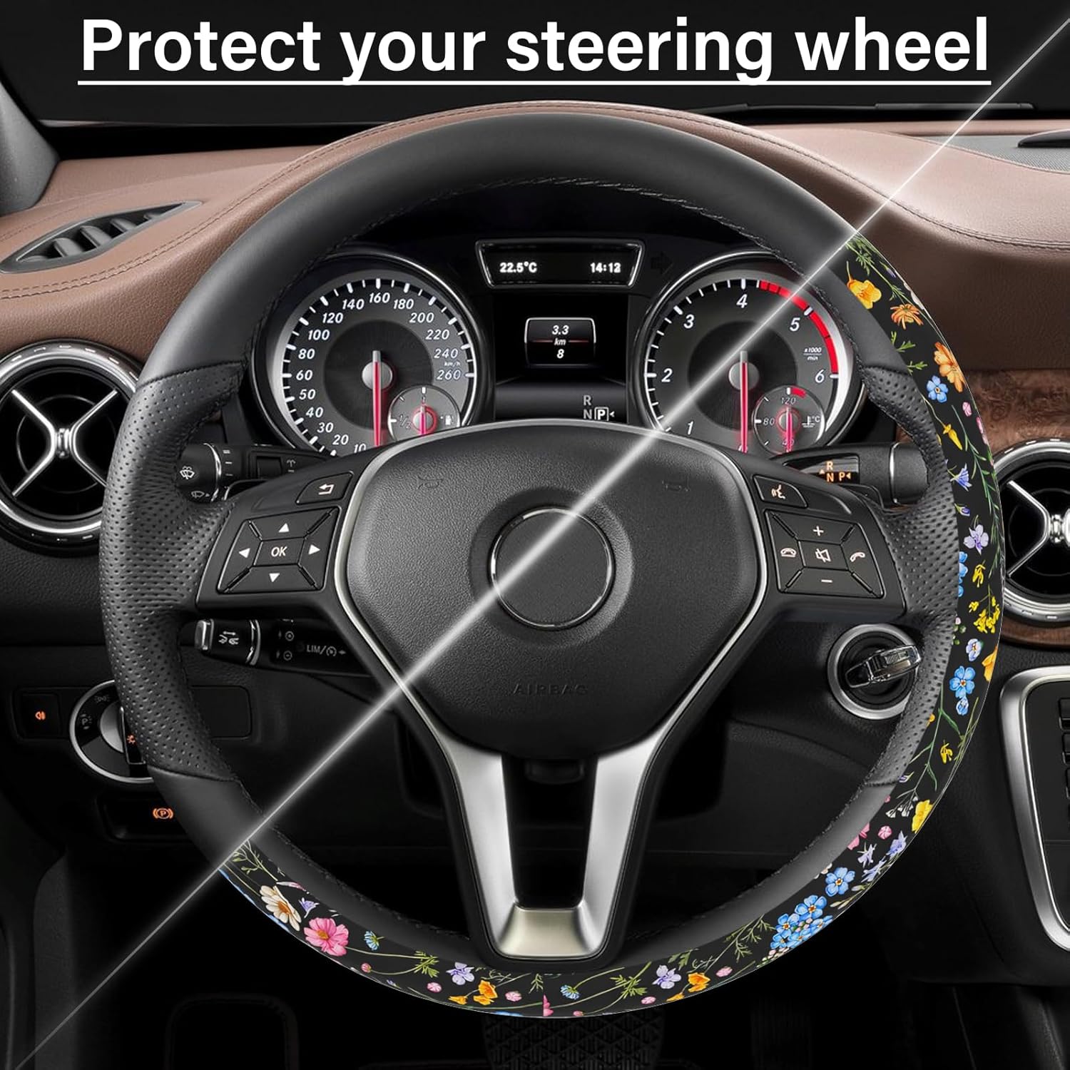 Car Steering Wheel Cover for Women Men, Non-Slip Breathable Steering Wheel, Wildflower Steering Wheel Protector, Car Accessories, Universal 14" 02/2-15" Fit Auto, Suvs