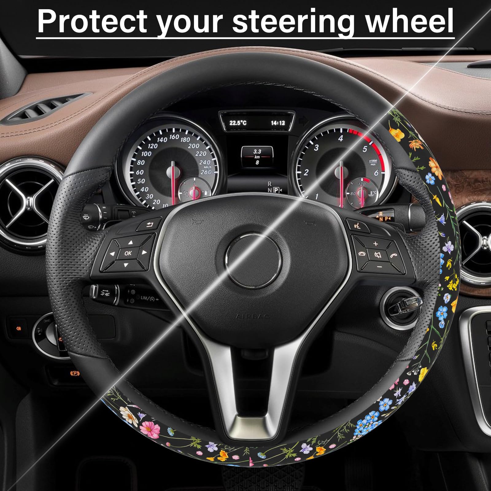 Car Steering Wheel Cover for Women Men, Non-Slip Breathable Steering Wheel, Wildflower Steering Wheel Protector, Car Accessories, Universal 14" 02/2-15" Fit Auto, Suvs