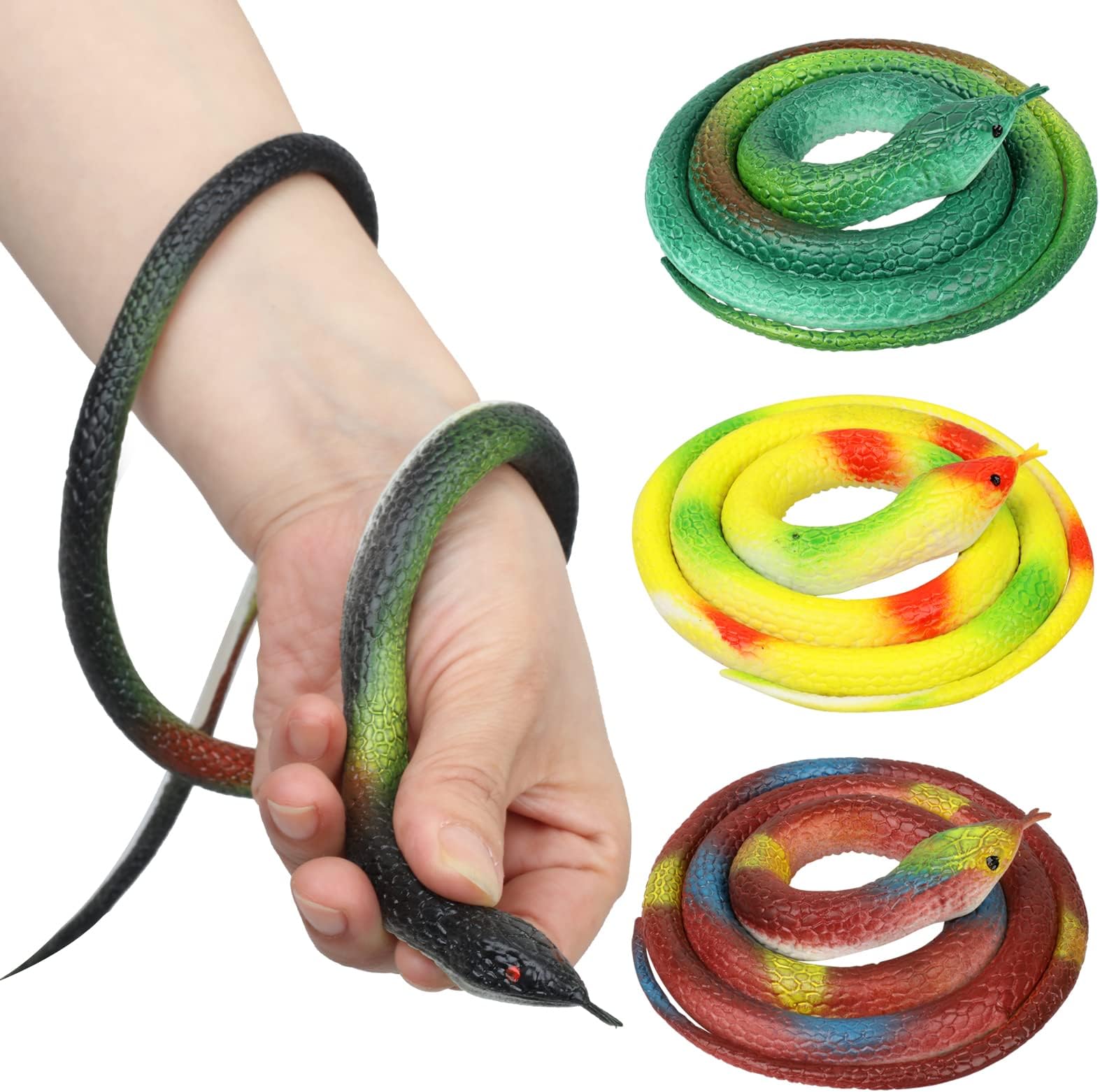 LXS Rubber Snakes to Keep Birds Away - 4 Pieces Realistic Fake Rubber Snake Toys for Garden Props to Scare Birds, Squirrels and Mice