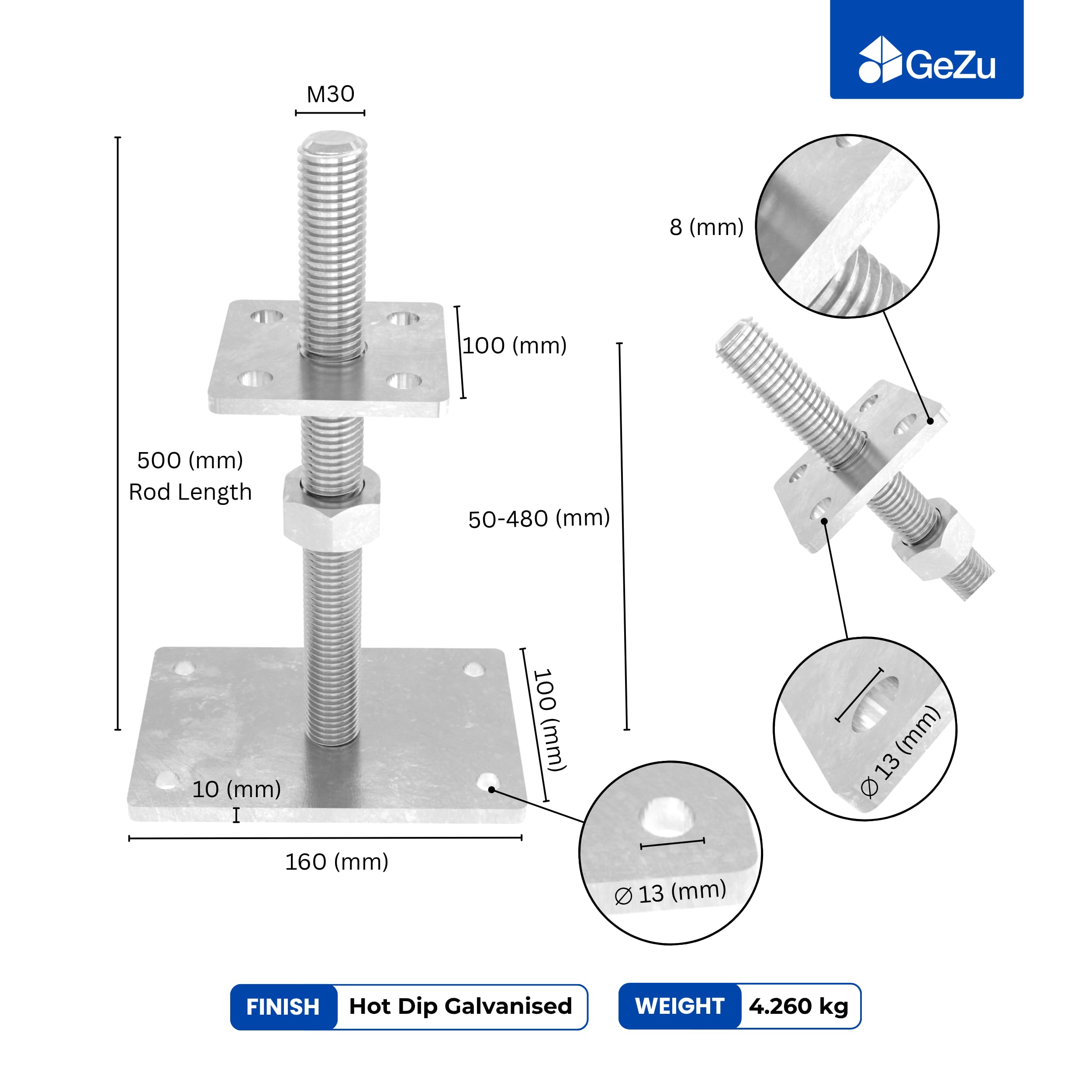 GeZu Impex Adjustable Post Support 100 x 100 mm Hot Dip Galvanised height adjust holder elevated base - Image 2