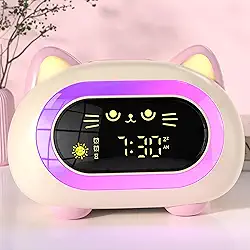 Despertador para crianças, relógio de treinamento de sono para meninas com alarme duplo, proteção ocular, temporizador de desligamento automático, luz noturna de 10 cores, relógio de gato para acordar