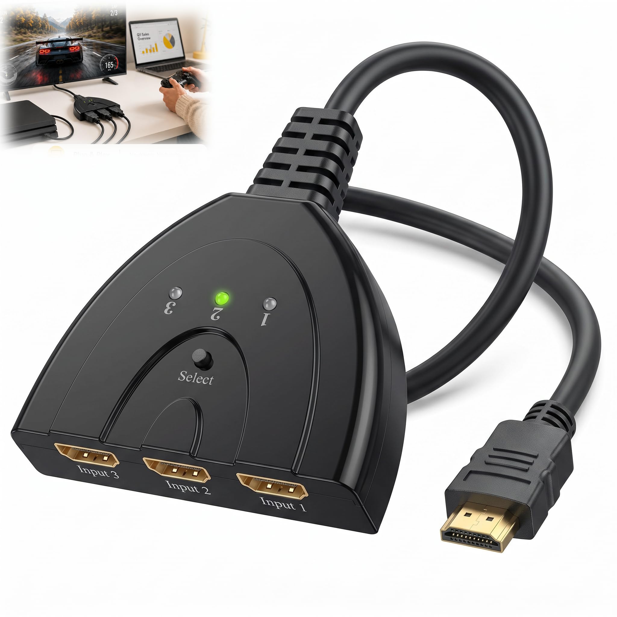 HDMI Switch 3 Eingänge 1 Ausgang, HDMI Splitter 3 in 1 Out 4K UHD Verteiler für PS5/PS4/Xbox/Switch/PC/Laptop/Blu-Ray Player/TV/Projektor, 3 Geräte auf 1 Monitor, Stabile Signalübertragung