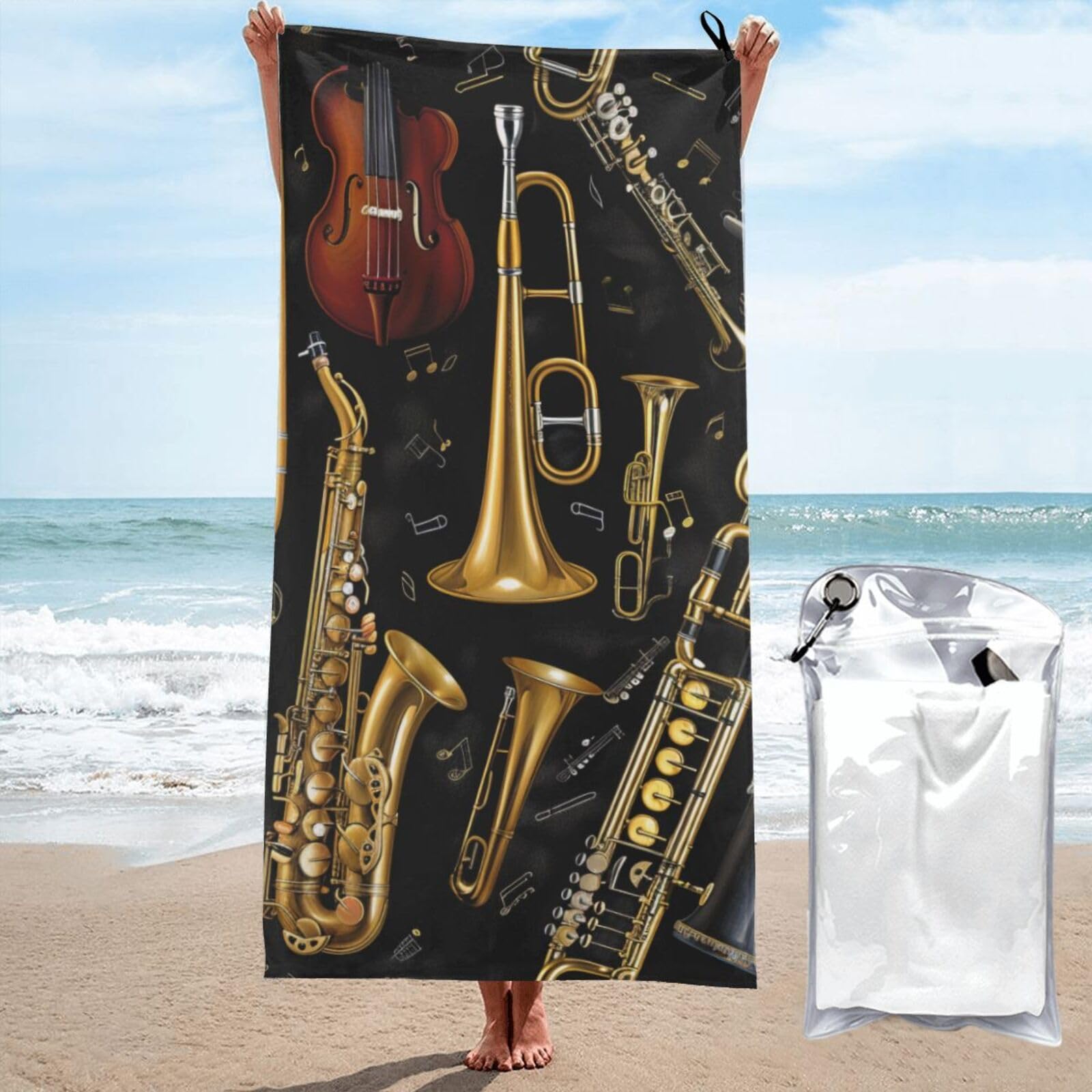 BWWHCCTI Musical Instruments Printed Microfiber Quick Dry Beach Towel 80x160 CM, Fast Drying Bath Towels with Bags for Travel,Camping,Gym,Beach,Swimming,Yoga