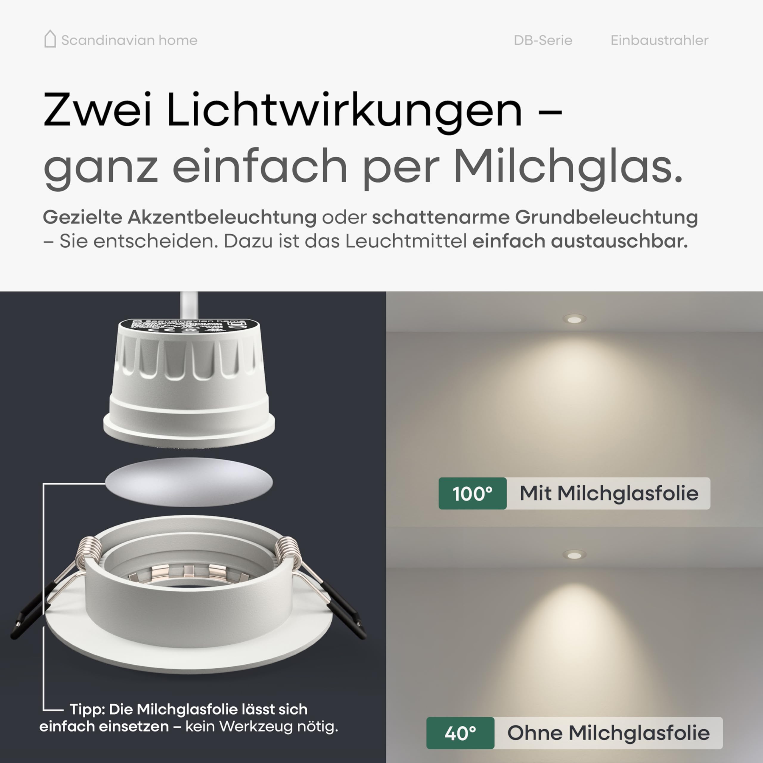 Scandinavian home 6er Set LED Einbaustrahler 230V Dimmbar - LED Spots 230V Warmweiß 3000K, 470 lm, CRI 90+, 68mm Lochmaß - IP44 Badezimmer Geeignet - Deckenspots Weiß-Matt, Schwenkbar