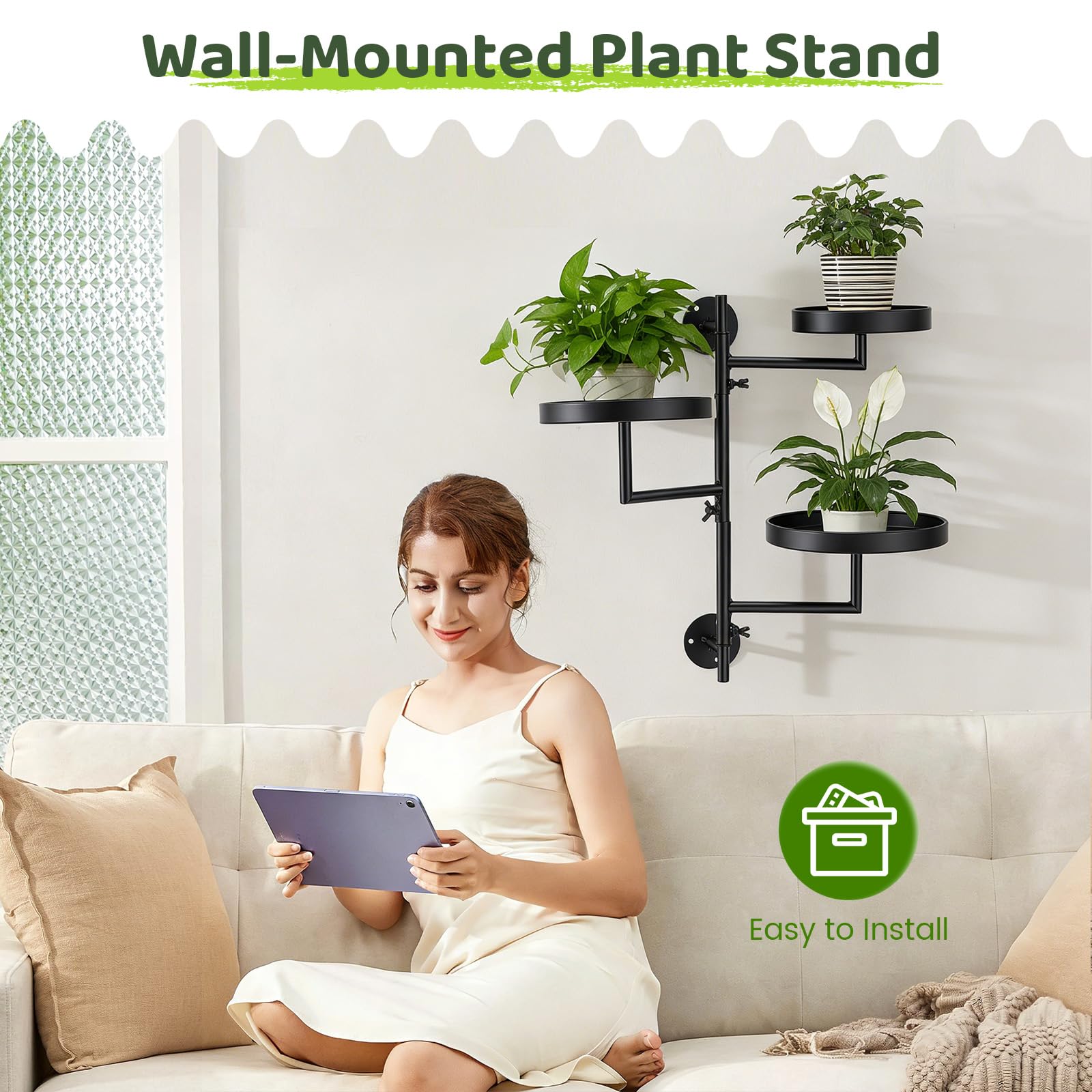 Estante giratorio de pared 3 niveles para plantas – Soporte metálico con rotación 180°, diseño salvaspacio, resistente al agua y óxido, fácil montaje – Ideal para ventana, balcón, salón y rincón