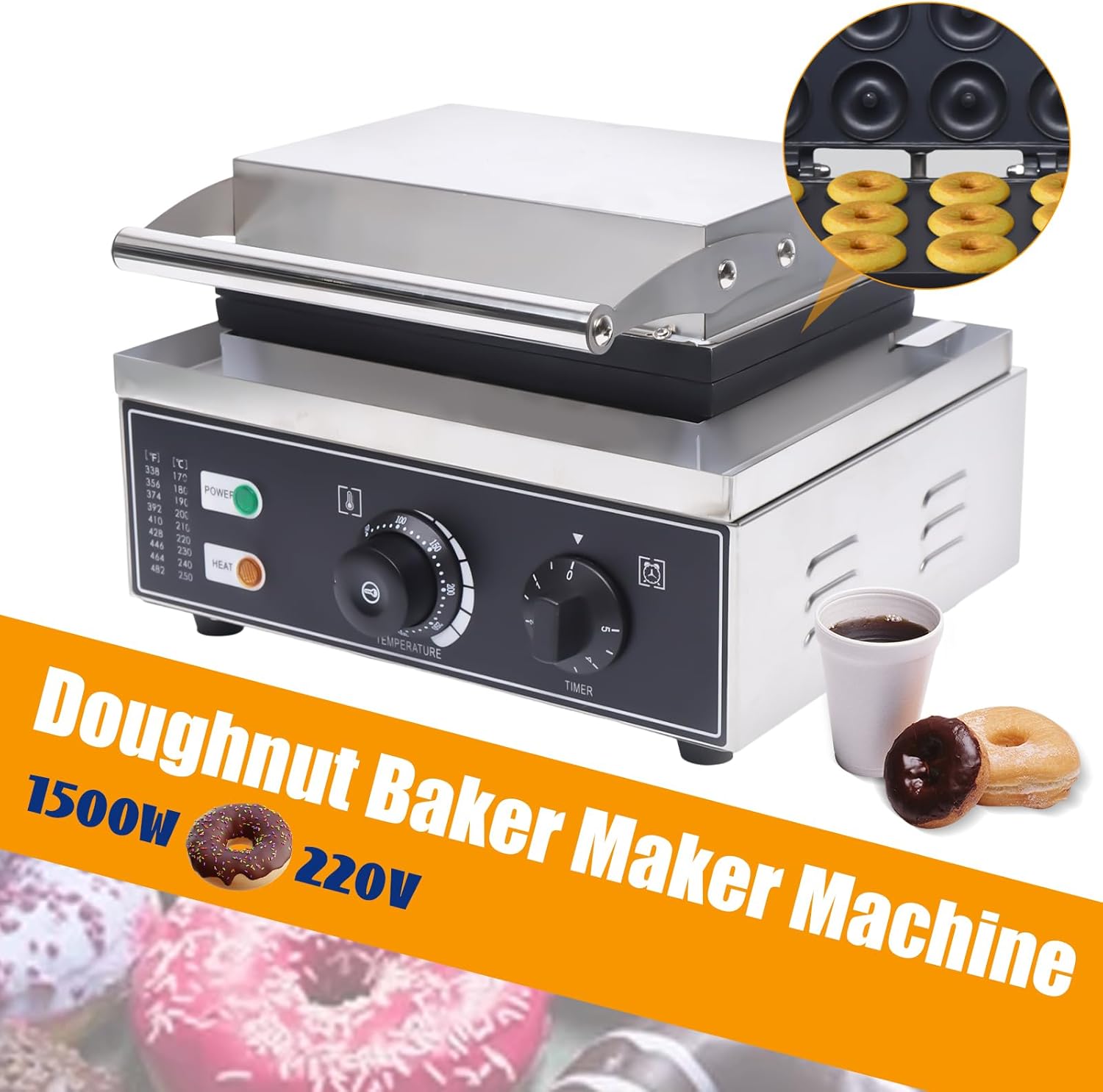 Electric Donut Maker, 12 Holes Mini Double-Sided Heating Pancakes Maker Machine, 1550w Commercial Mini Non-Stick Pan Donut Machine for Bakery Dessert Coffee Shop Kitchen