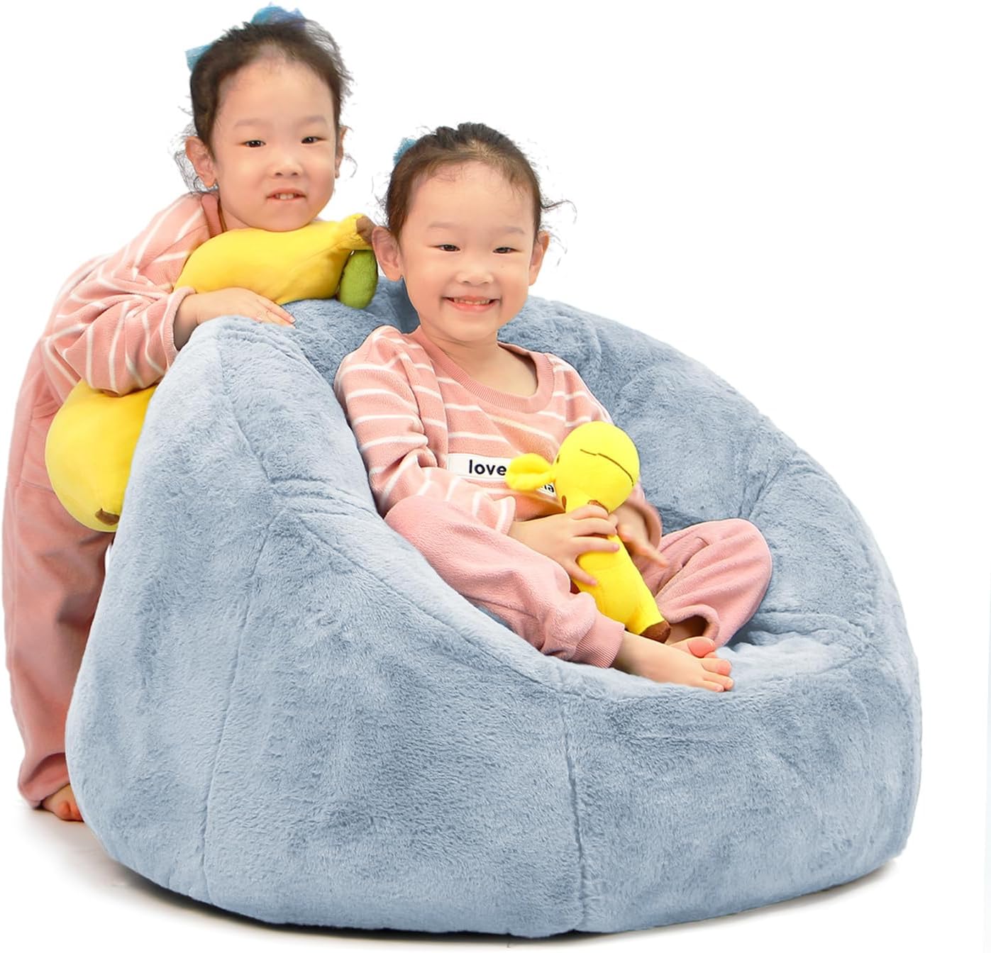 N&V Small Bean Bag Chair for Kids, Children Mini Bean Bag Sack, Foam Filling, Includes Removable and Machine Washable Cover, 27in, Soft Faux Fur (Grey)
