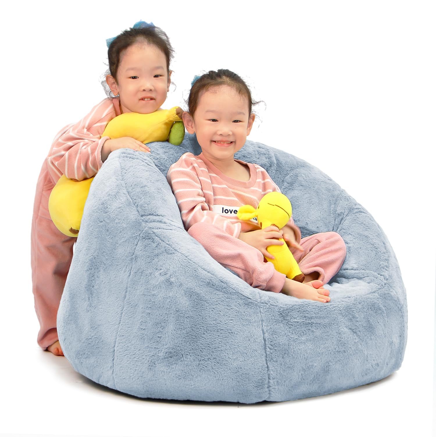 N&V Small Bean Bag Chair for Kids, Children Mini Bean Bag Sack, Foam Filling, Includes Removable and Machine Washable Cover, 27in, Soft Faux Fur (Grey