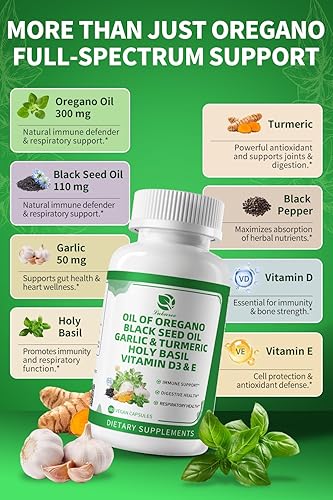 Miniatura 2 de Cápsulas de albahaca sagrada con aceite de orégano, aceite de semilla negra, ajo y cúrcuma, 180 unidades, 1 paquete