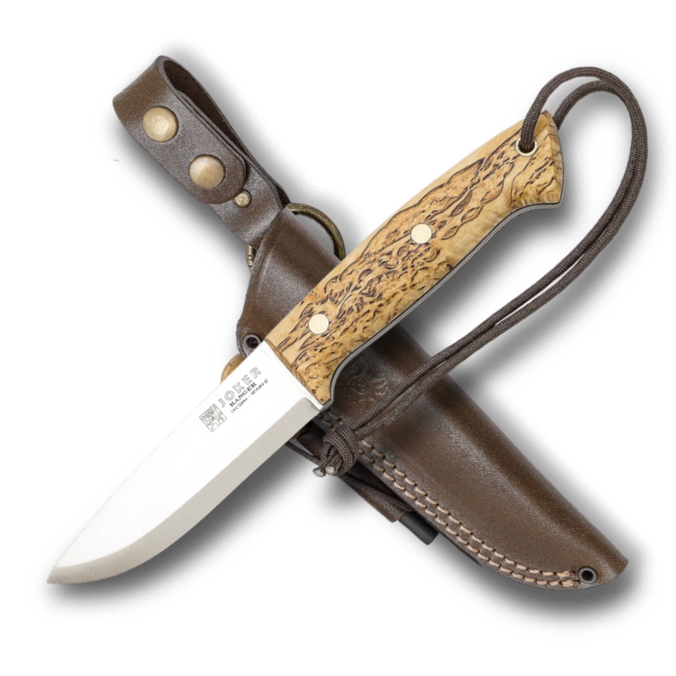 Joker CL143-P Jagdmesser Ranger – 11 cm Klinge, Griff aus Maserbirke, braune Lederscheide mit Feuerstahl – Outdoor-, Angel-, Jagd- und Campingmesser