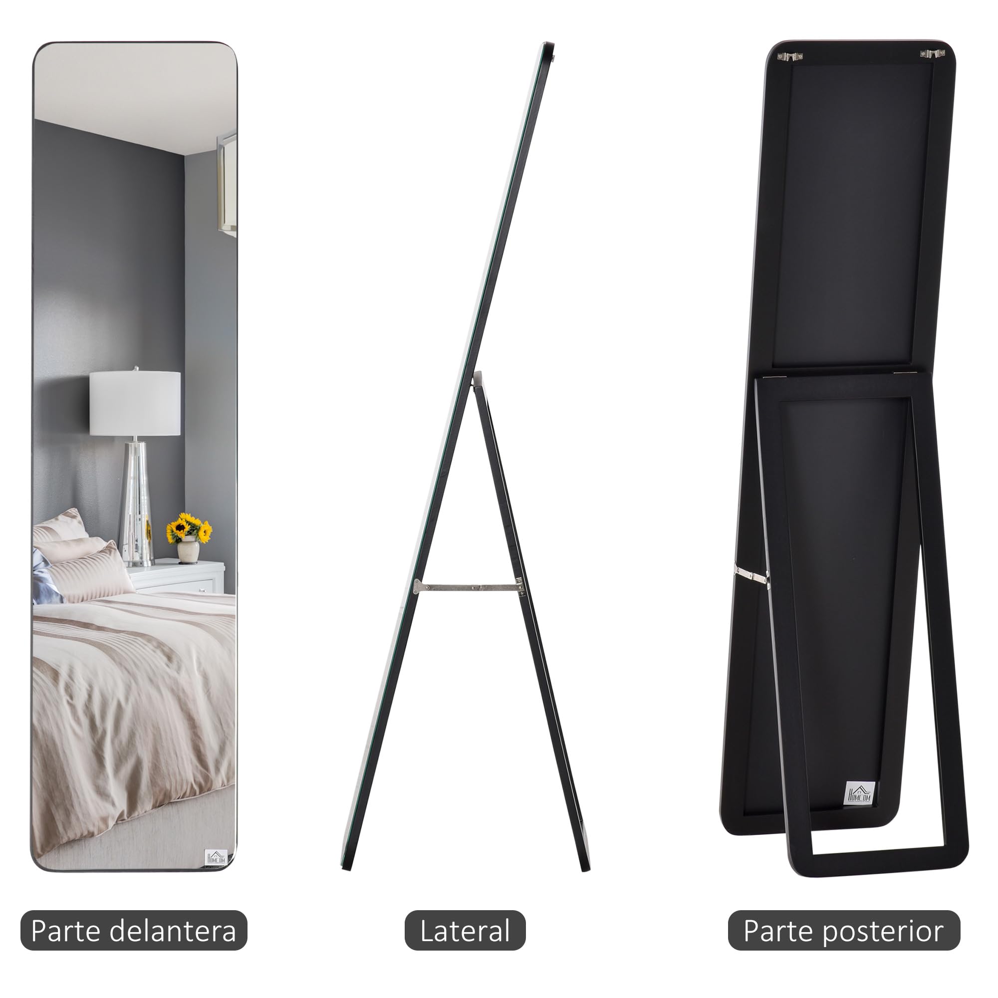 HOMCOM Espejo de Pie Cuerpo Entero Rectangular Espejo Pared con 2 Formas de Uso Marco de Madera de Pino Moderno para Pasillo Dormitorio Sala de Estar 37x43x156 cm Negro