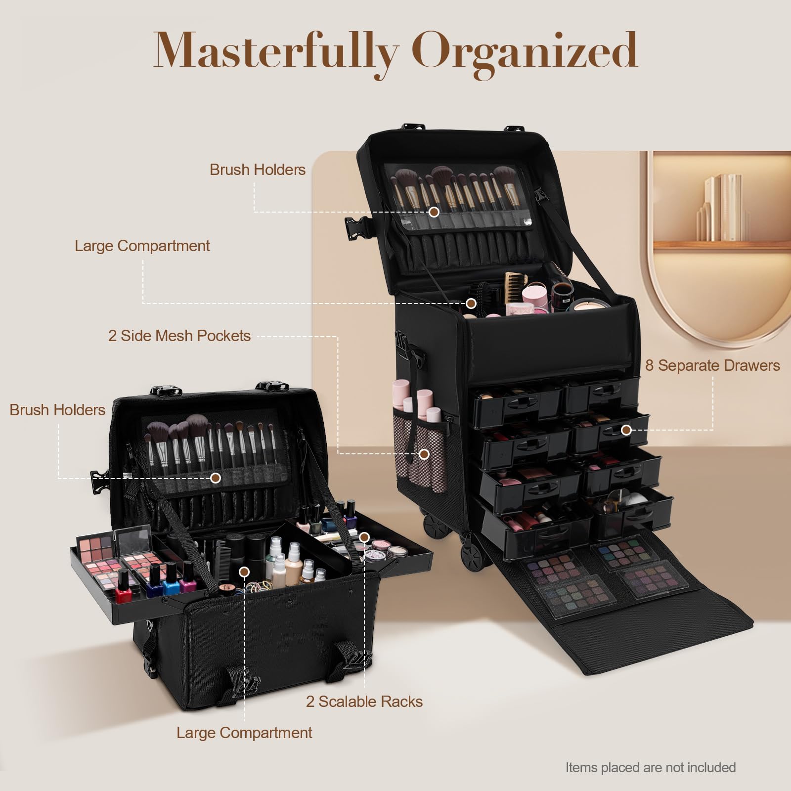 Valise cosmétique 2 en 1 avec 8 tiroirs, valise de tatouage avec roulettes et sac bandoulière amovible Valise cosmétique Valise à roulettes Valise cosmétique Valise à roulettes Valise cosmétique