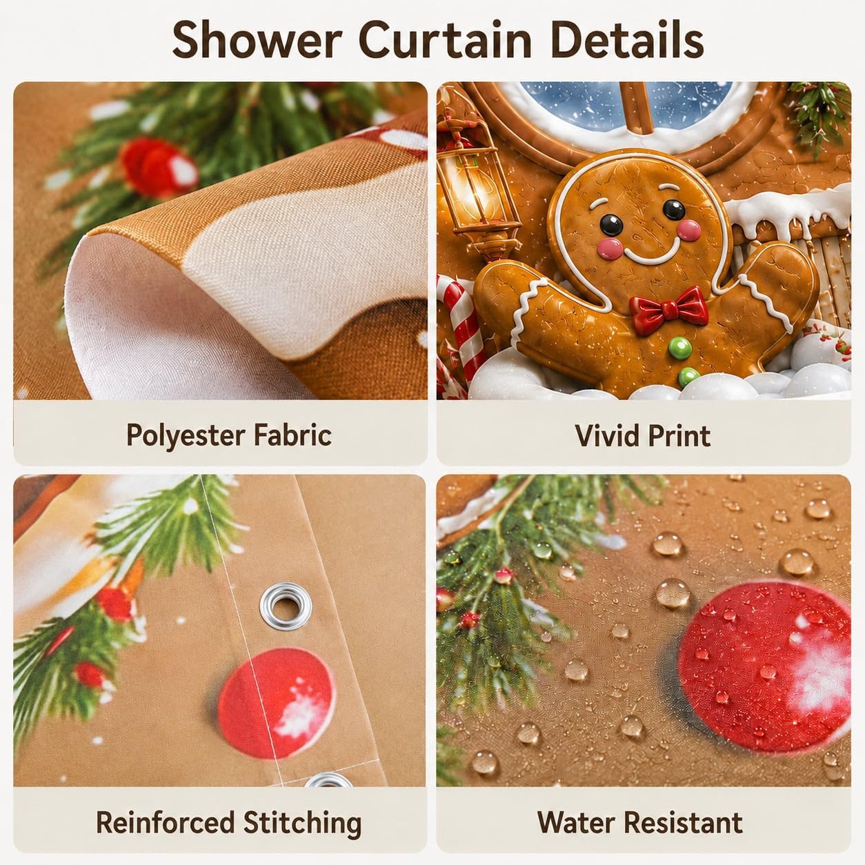 Christmas Gingerbread Man Shower Curtain Set, Christmas Bathroom Decor