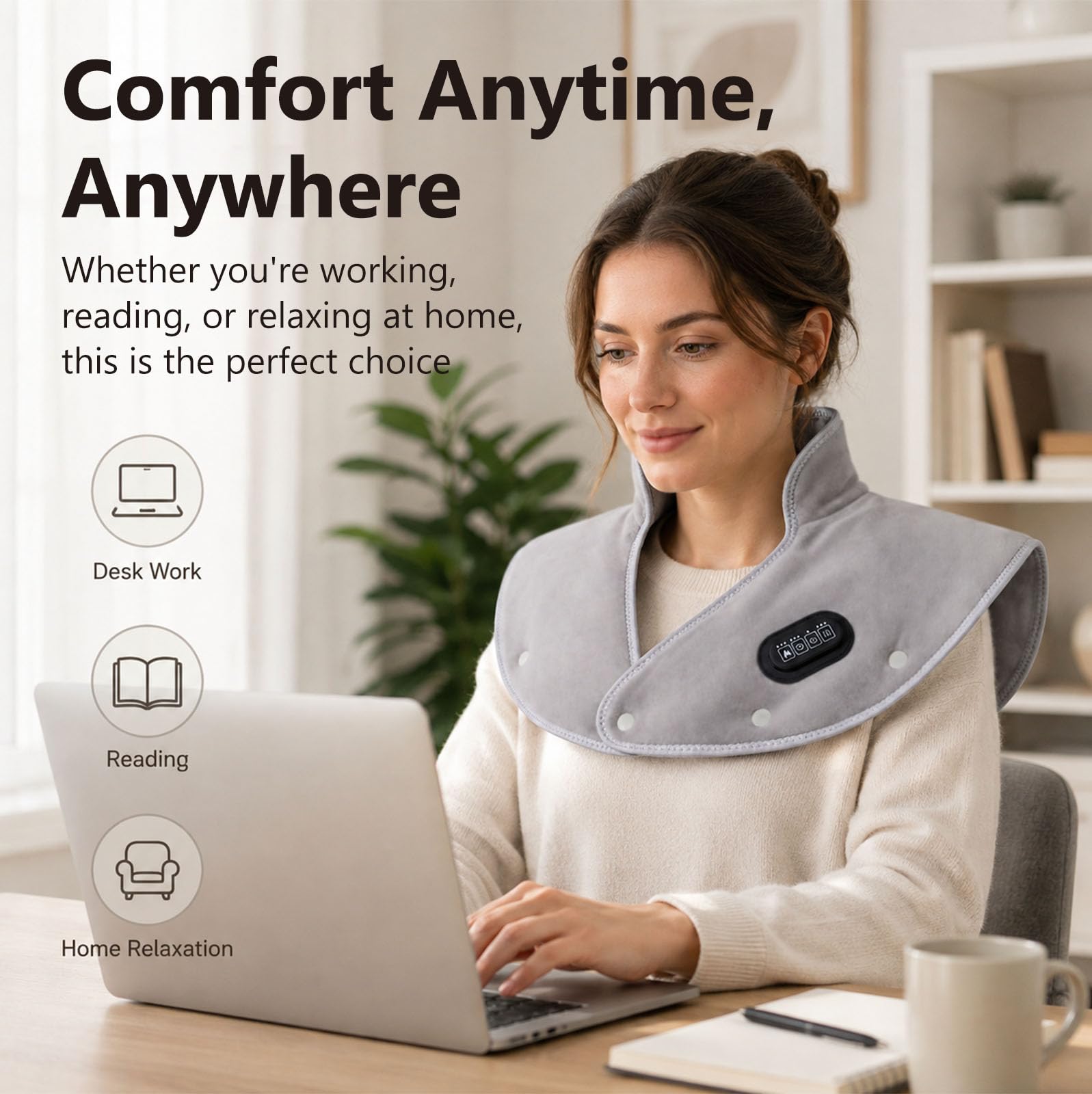 Wireless Thermal Neck Pad with Quick Heating, Thermal Pad for Back, Shoulders and Neck, 3 Heat Levels, Cervical Thermal Pad for Relaxing the Shoulders and Back, Gift for Women, Mom, Father，Gris
