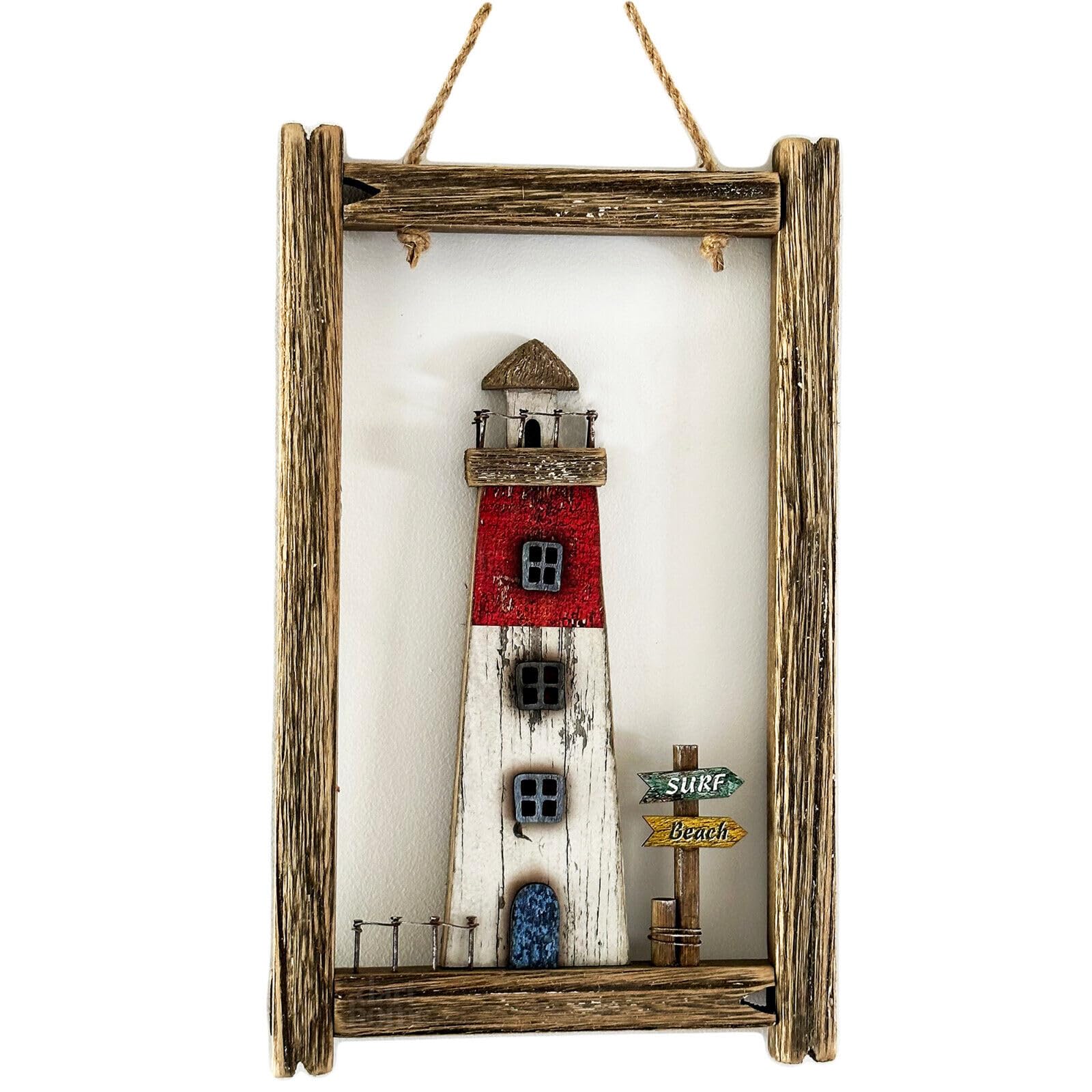 Darthome Brown Framed Coastal Lighthouse Wall Decor Rustic Wood Hanging Rectangle Nautical Gift 18X30cm