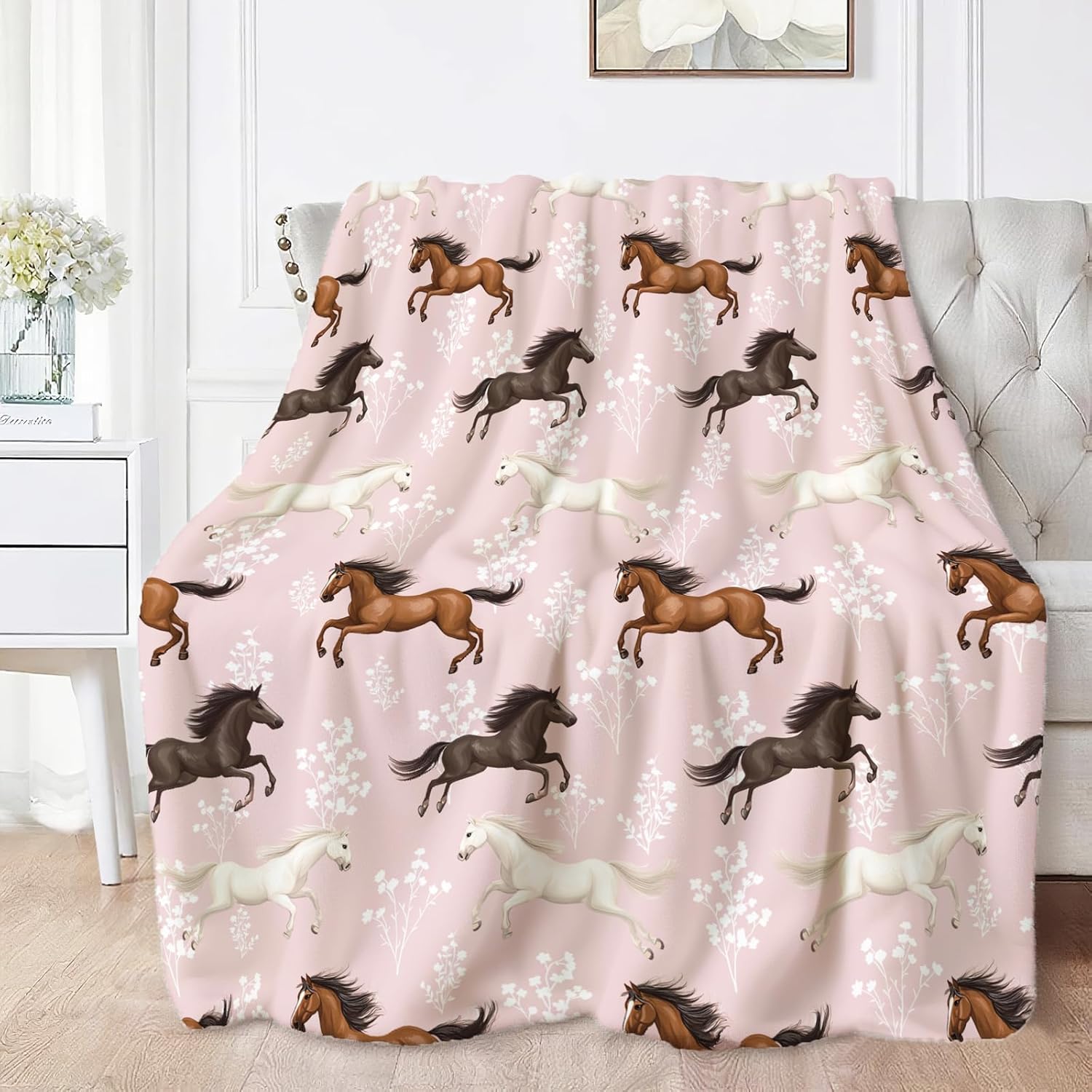 Horse Throw Blanket for Girls Boys Ultra Soft Horses Flowers Flannel Blanket Lightweight Cozy Stuff Blankets Gift for Women Men Couch Sofa Bed 50" x 40" - Image 2