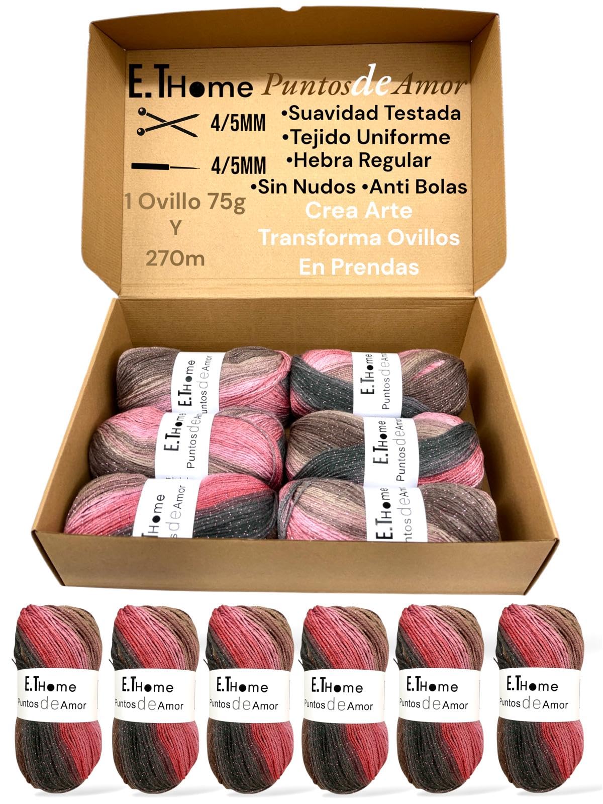 6 ovillo x 75g lana para tejer premium brillo Rsa con hebra regular sin nudos ni bolas Lanas para crochet, diy, hilo grueso para crochet, Crea Arte. Transforma ovillos en prendas. (ROSA)