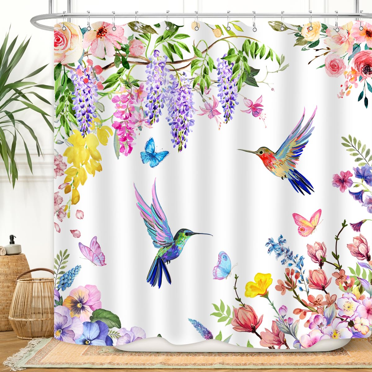 ZXMBF Watercolor Flower Hummingbird Shower Curtain Spring Bird Butterfly Floral Plant Nature Modern Home Bathroom Bathtub Decor Waterproof Fabric