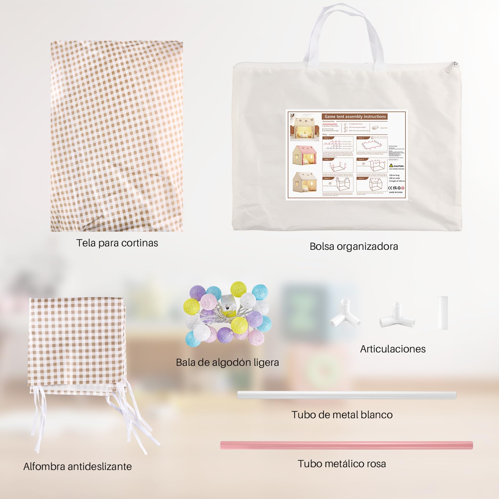 FUNYKICH Tienda de campaña para niñas con Alfombra 120x100x130cm 3-8 años | Casita Infantil con luz cálida, Estructura Metálica, Montaje rápido, Regalo para Navidad Cumpleaños,Leer Dormir Jugar Camping