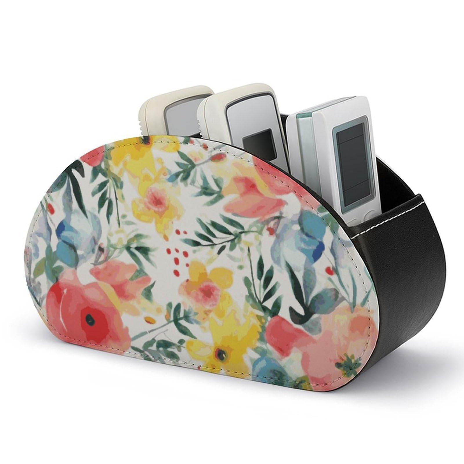 JTREHY Bright Floral Watercolor Remote Control Holder with 5 Compartments Pu Leather Remote Caddy Box Multi-functional Deskt Holders Organizer Box Tray Bedside Table Storage Organizer