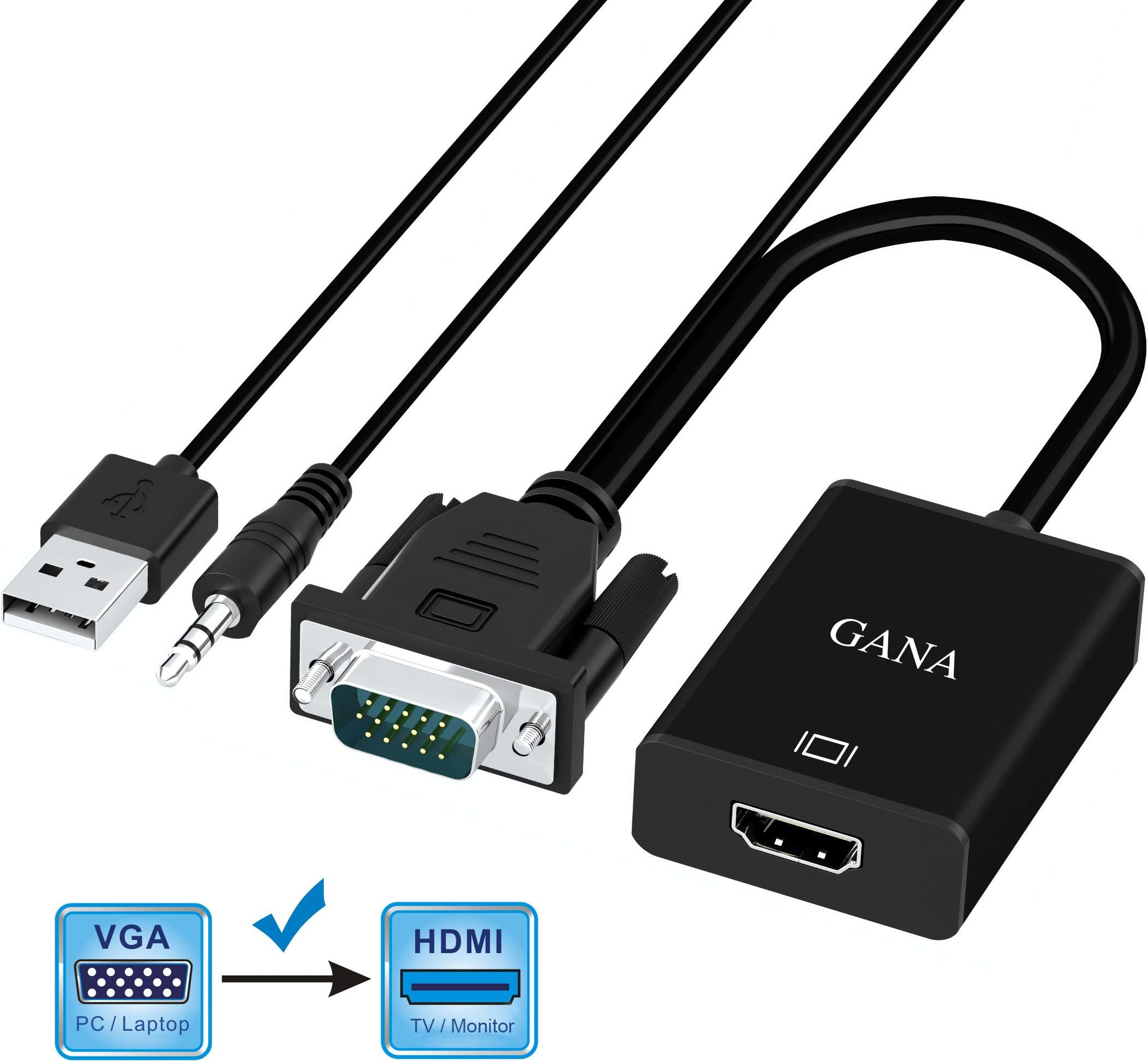 GANA VGA to HDMI Adapter, 1080P HD Supported Analog Signal to Digital Signal Convertor Cable with 3.5mm Audio Cable and USB Power Cable for HDTV PC and Laptop …