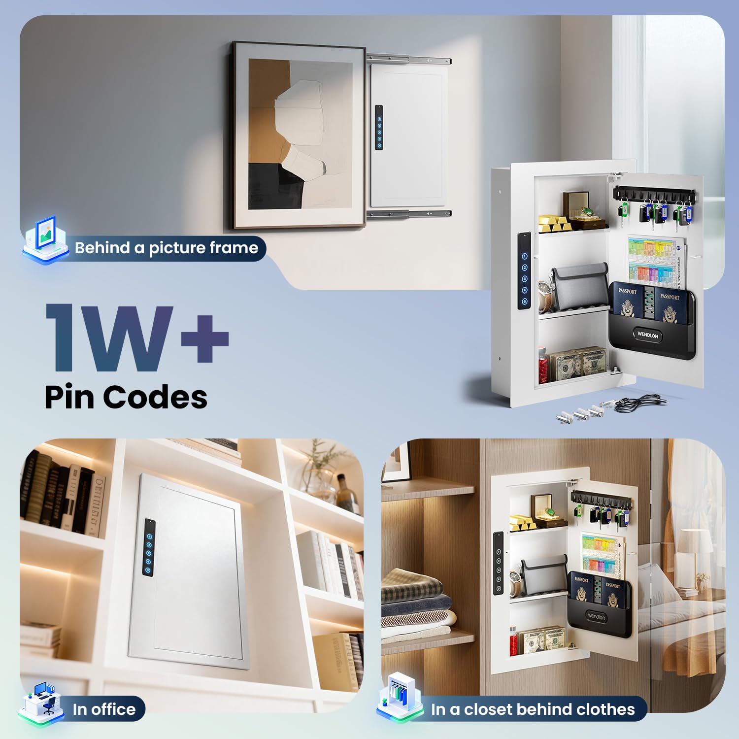 Coffre-fort mural blanc à accès rapide avec boîte de rangement pour documents, coffre-fort plat caché dans le mur entre les goujons 40,6 cm, support mural pour argent liquide, objets de valeur
