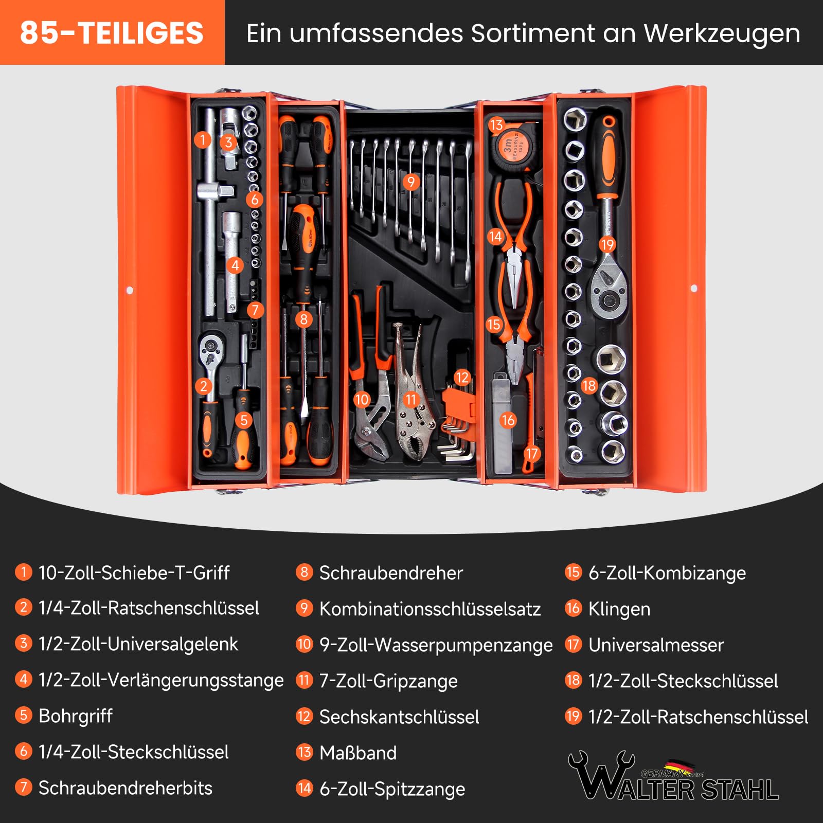 Walter Steel Caisse à Outil Complète 85 Pièces, Chrome Vanadium | Complète Portable avec Tournevis et Pinces - Kit d’Outils Idéal pour Maintenance Quotidienne à la Maison ou au Garage Orange
