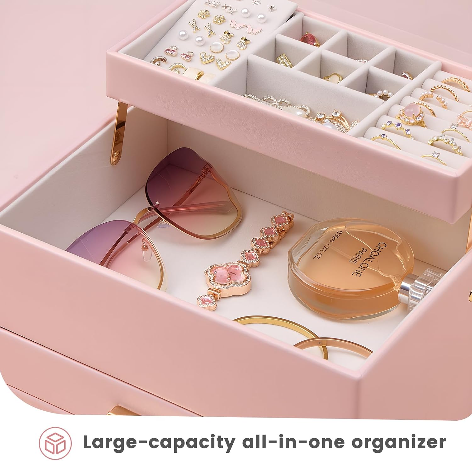 Lolalet Jewelry Box, Clear Window Jewelry Organizer with Drawer for Earrings Bracelets Necklaces Rings, Jewelry Storage for Women -Pink, 4 Layers