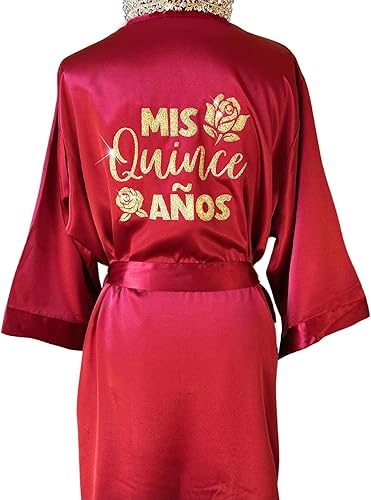 Personalized Quinceañera Satin Robe, Mis Quince Dress Robe, Mis Quince Robe with Rose, Butterfly, Tiara, Crown for Girls, Customized Glitter Mis 15