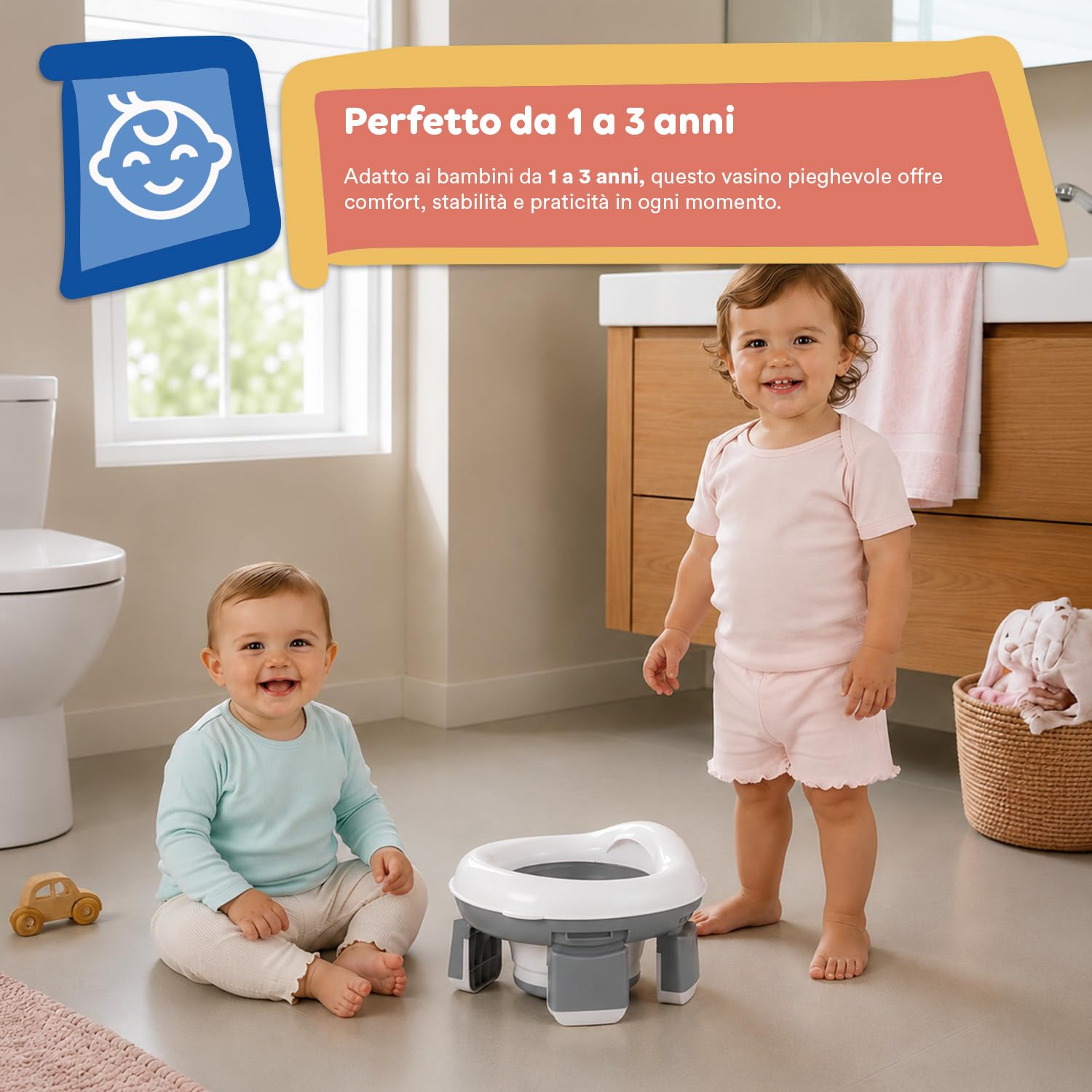 Avilia - Vasino Pieghevole Portatile per Bambini 1-3 Anni con 20 Sacchetti – Vasino da Viaggio in PP+TPR – Gabinetto Portatile Compatto L26,2xP28,5xA15 cm – Seduta Comoda e Igienica (Grigio)