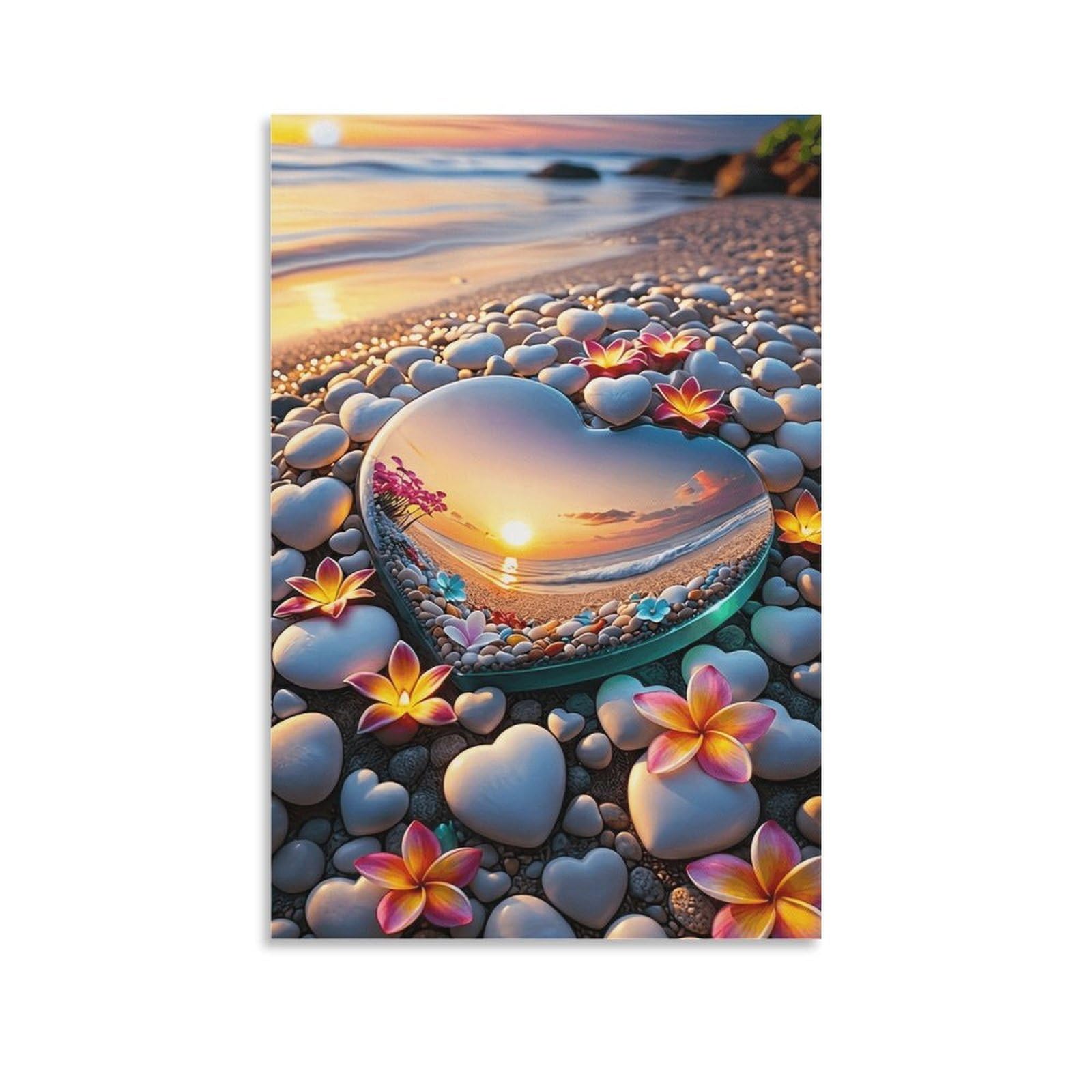 XPASHIQWC Sunset Beach Poster Artwork Heart Mirror Giclee Canvas Prints Modern Wall Art Picture Wall Hanging for Office Gym Living Room Decor 20x30inch(50x75cm)