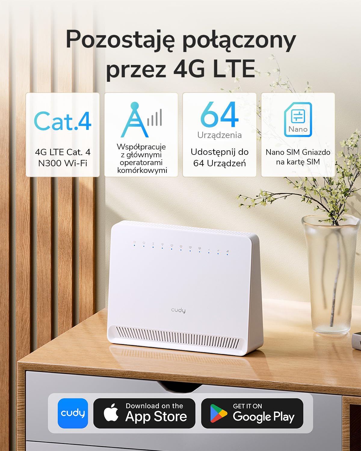 Cudy N300 WiFi Odblokowany Modem 4G LTE Router z Gniazdem Karty SIM, WiFi 300Mbps, Cat4, Anteny Wewnętrzne o Dużym Wzmocnieniu, VPN, Plug and Play, LT400E