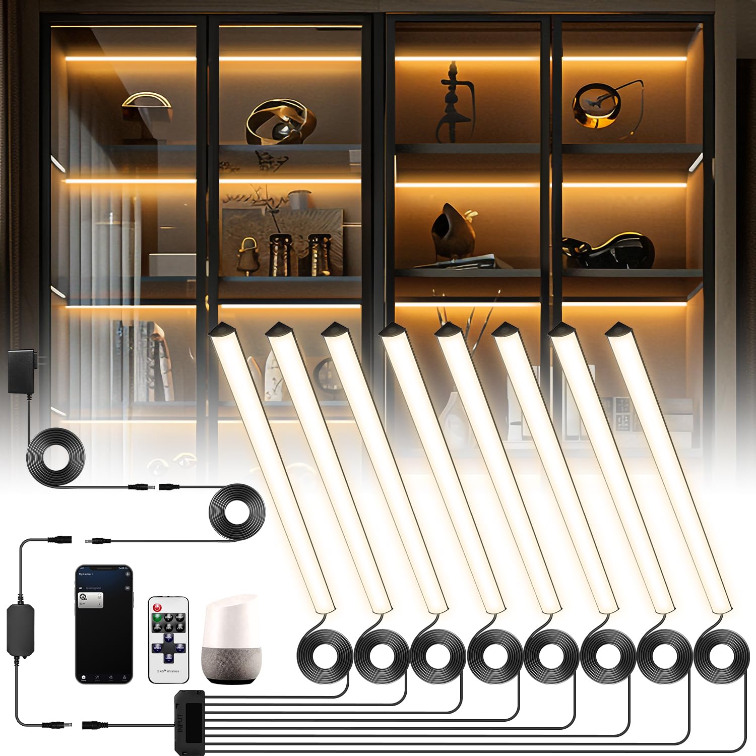 Photo 1 of Lumtide Black Shelf Lights, LED Bookcase Lighting Compatible with Alexa, WiFi Dimmable 2700K Under Shelf Lighting for Bookshelf, Display Case, Cabinets with App, Remote, Memory Function (8Pack 12In)