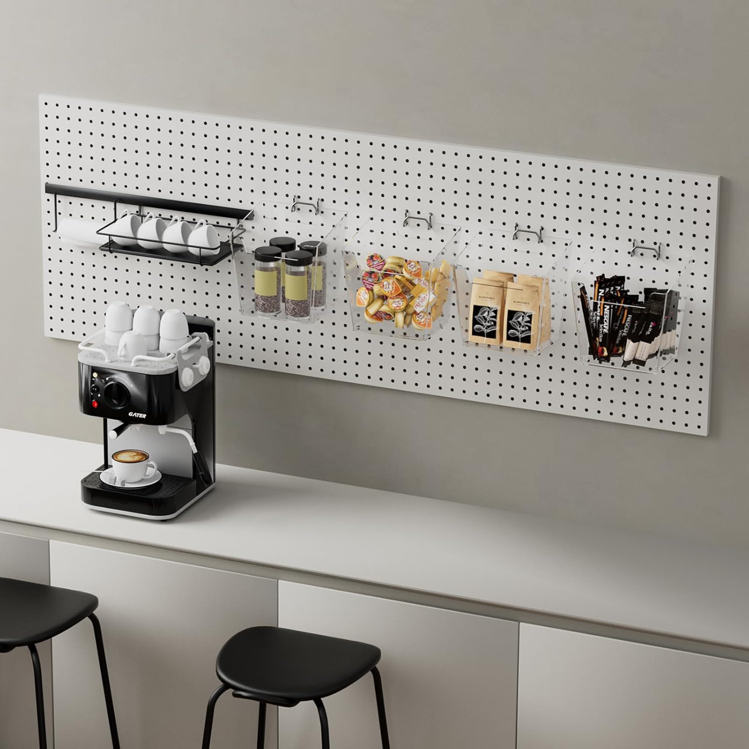 Clear Pegboard Cups with Hooks, 6Pack Peg Board Organizer Bins, Mixed S/M/L | Fit 1/8" 1/4" Pegboard Panels, Transparent PET Hanging Bins, Small Parts & Tool Storage, Plastic Caddy for Garage Craft