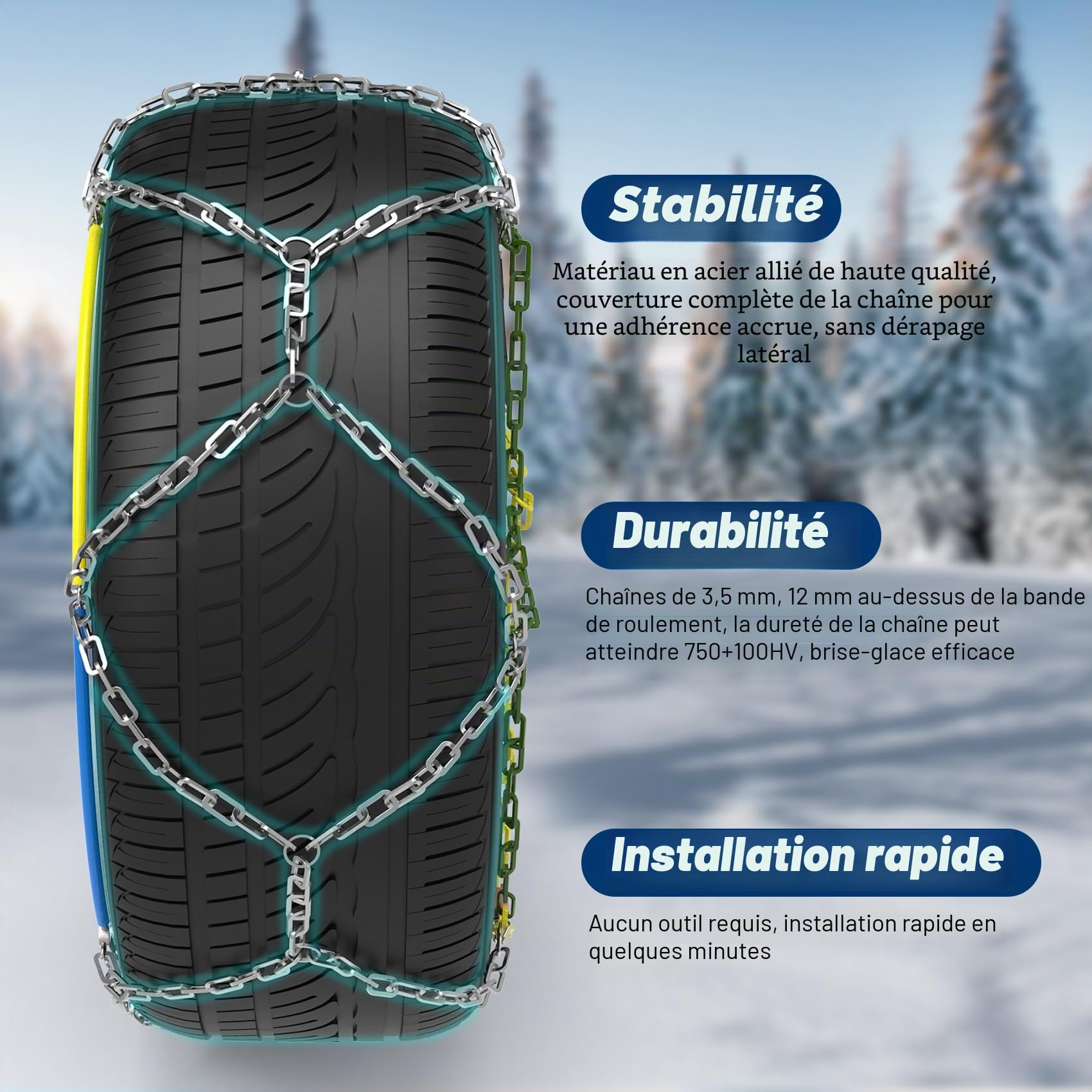 Lot de 2 Chaînes Neige en Alliage d'acier de 12 mm Avec Tendeur - Chaînes neige d'urgence Pour Voiture (taille 60)