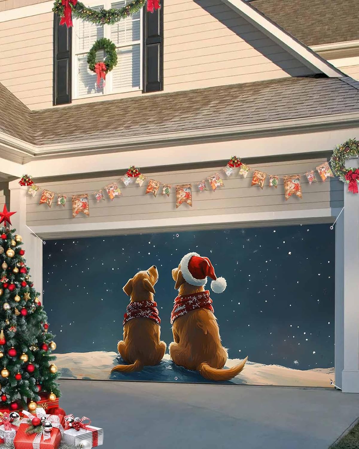 Garage Door Banner Cover 7 x 8 ft Winter Christmas Night Dogs Moon Stars Garage Door Banner Decorations Hanging Garage Door Cover Backdrop Decor for Holiday Winter Xmas Party Supplies