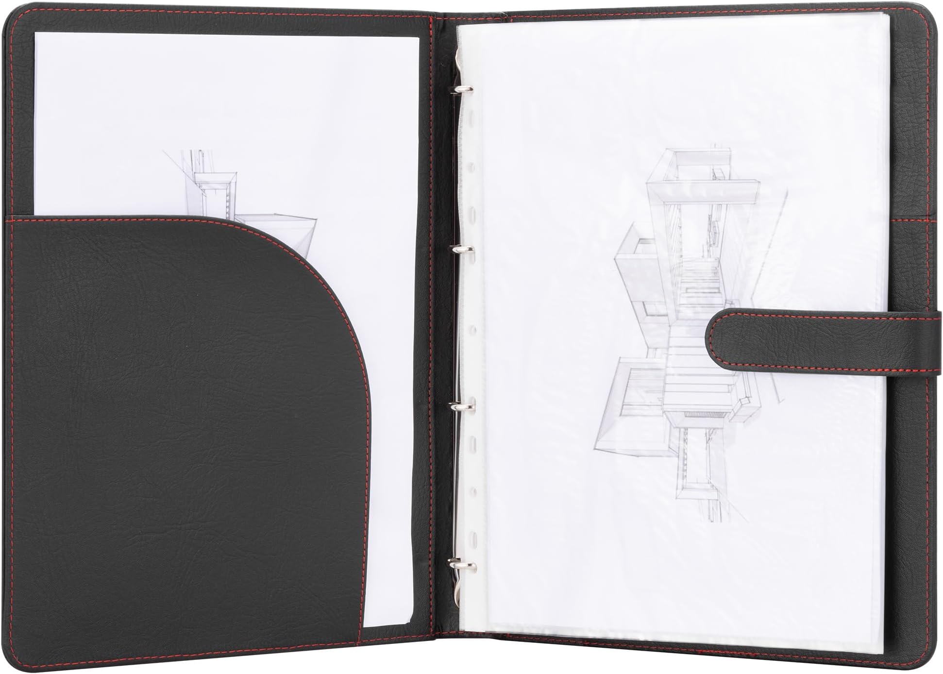 H&S A4 Portfolio Folder with Ring Binder Mechanism - with 40 Plastic A4 Document Pockets - Black Faux Leather Conference Folder