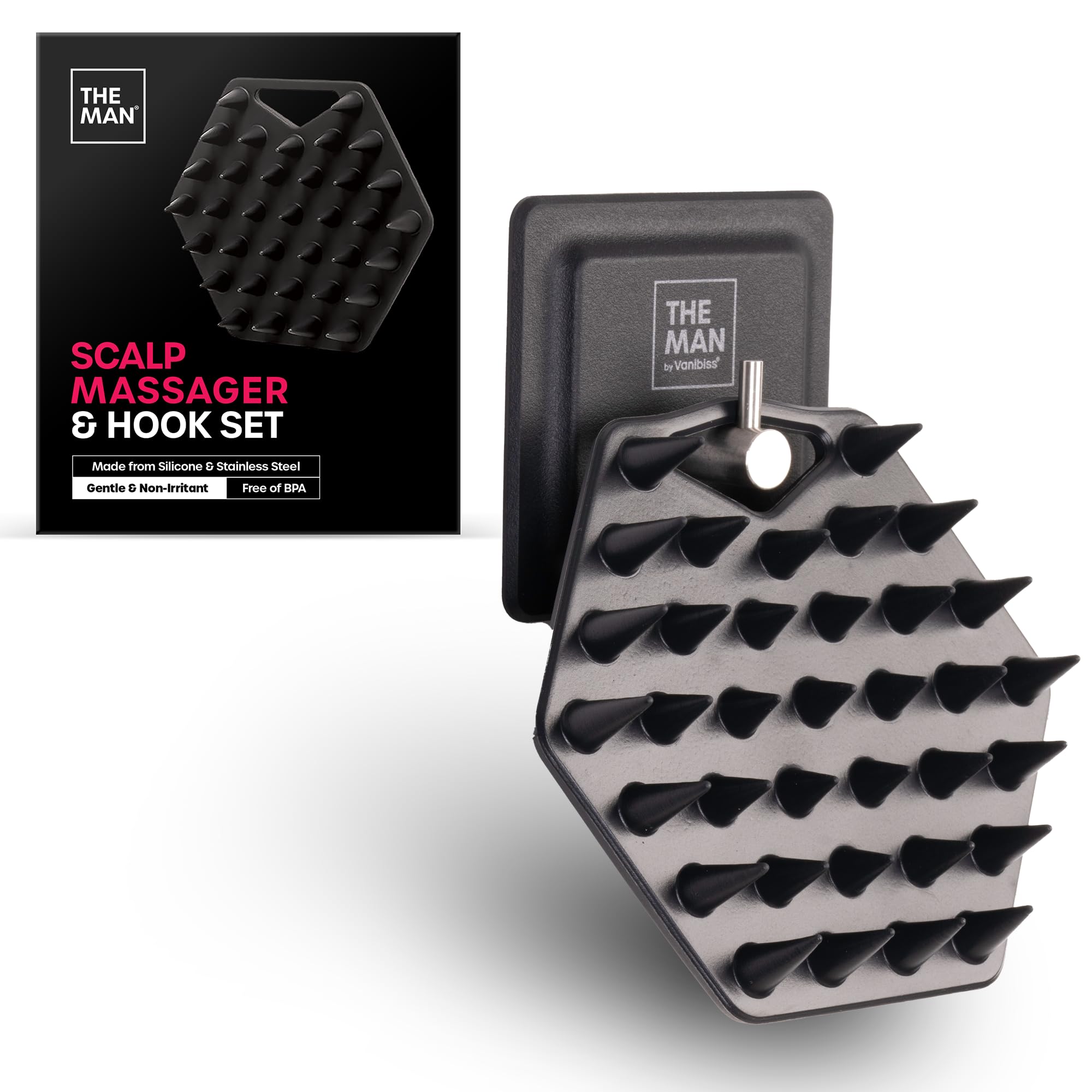 The Man Silicone Scalp Scrubber &amp; Hook - Head Massager &amp; Hair Brush for Men - Scalp Scrubber Exfoliator for Washing Hair - Reduces Dandruff &amp; Stimulates Hair Growth - Men Shower Hair Brush (1 Set)