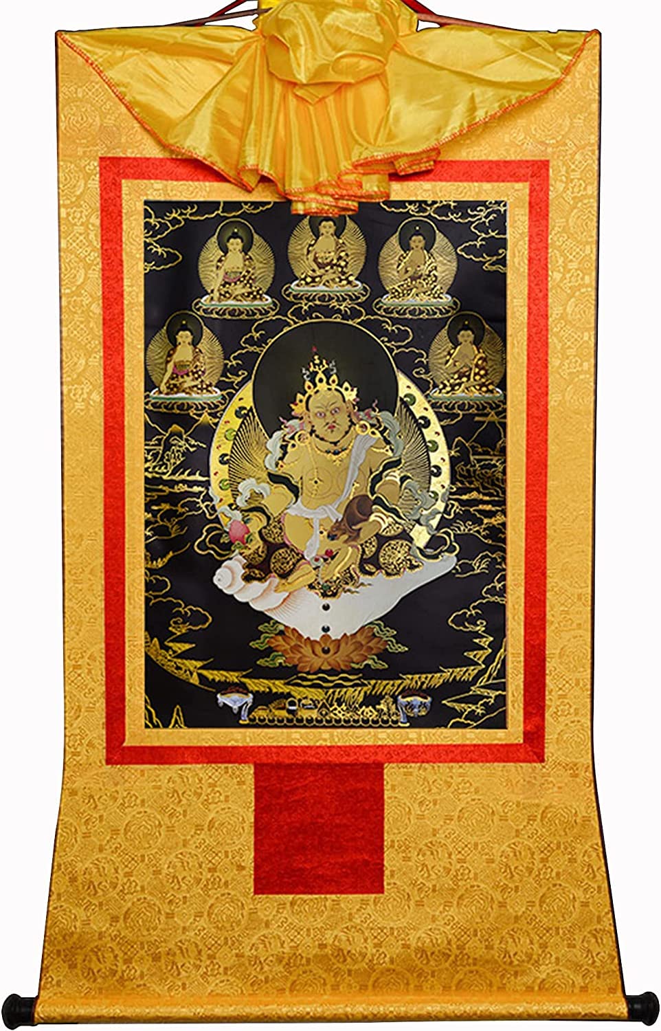 Tibetische Thangka, Gelber Jambhala, Dzambhala, buddhistischer Thangka-Brokat, schwarzer Typ