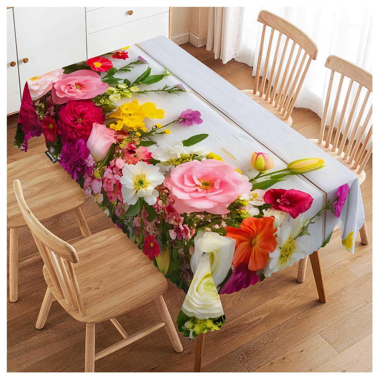 FJQWKLF Flowers Frame Tablecloths Colorful Peony Rose Flowers On Wooden Kitchen Dinning Tabletop Decoration, Polyester Table Cover for Indoor Outdoor 50x72 Inch Tablecloth