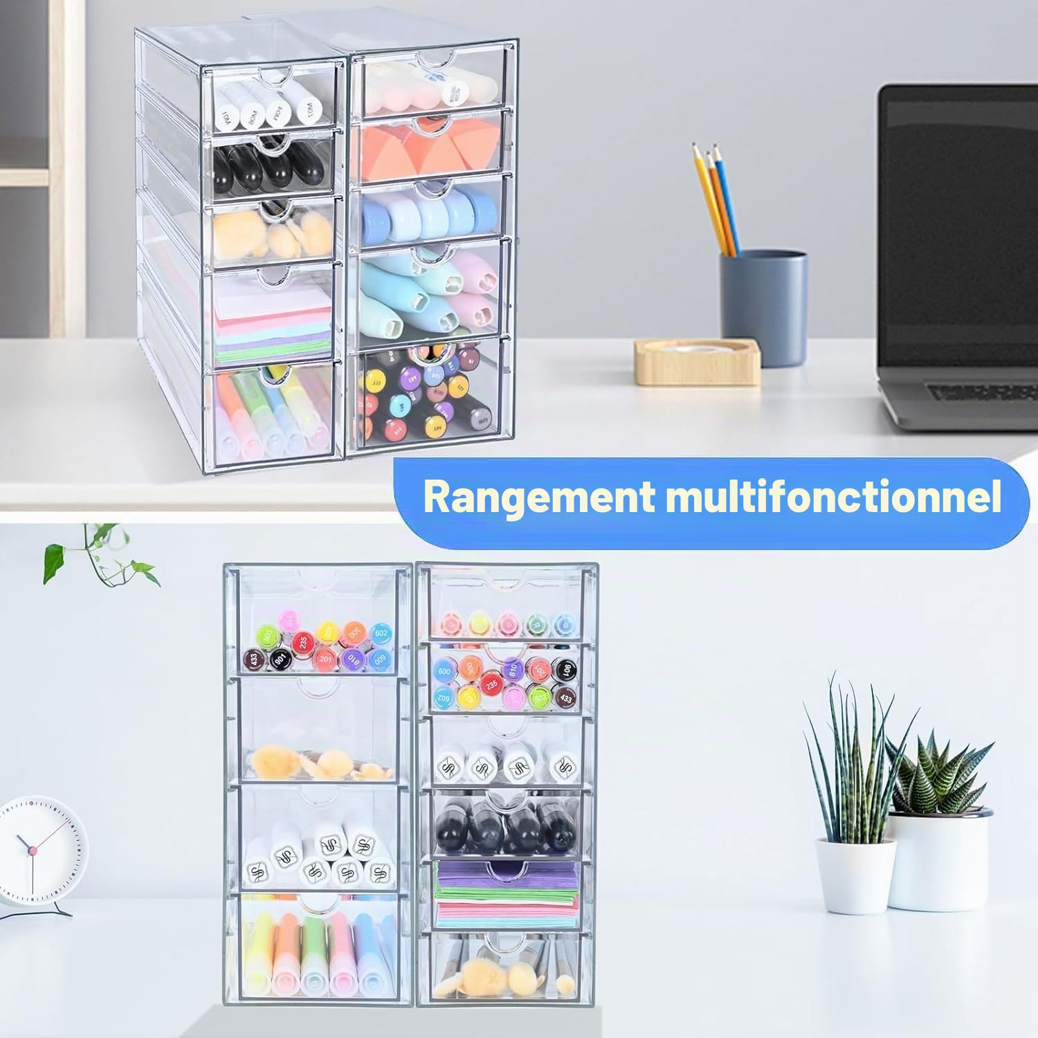 Lot de 4 organisateurs cosmétiques avec 20 tiroirs, empilables, tiroirs de rangement en acrylique durable, organiseurs de bureau transparents pour bureau, salle de bain, rangement de bijoux