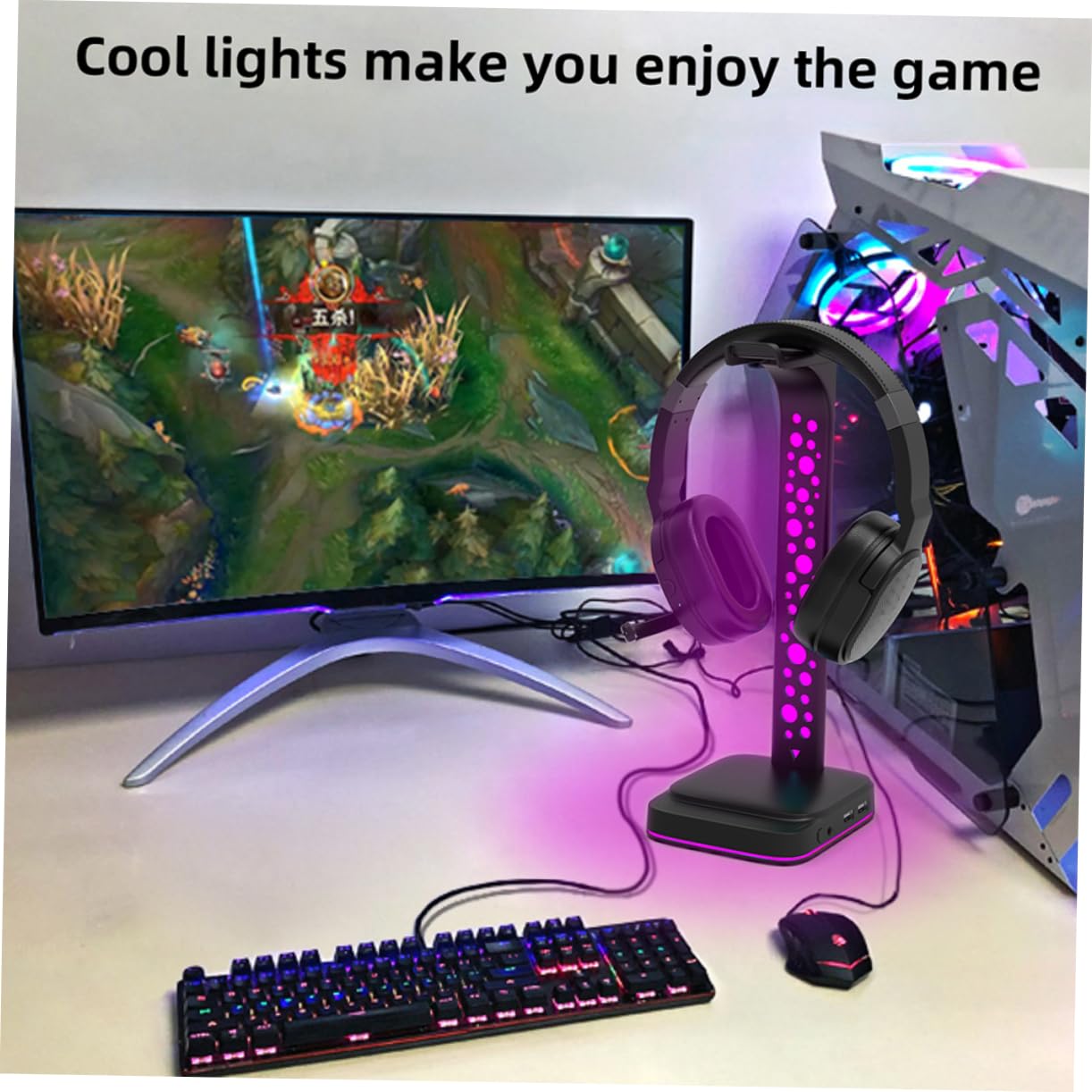 SEWACC Soporte para Auriculares LED RGB 2 Entradas USB, ABS Negro, Luz Ajustable para Escritorio y Pc Gaming