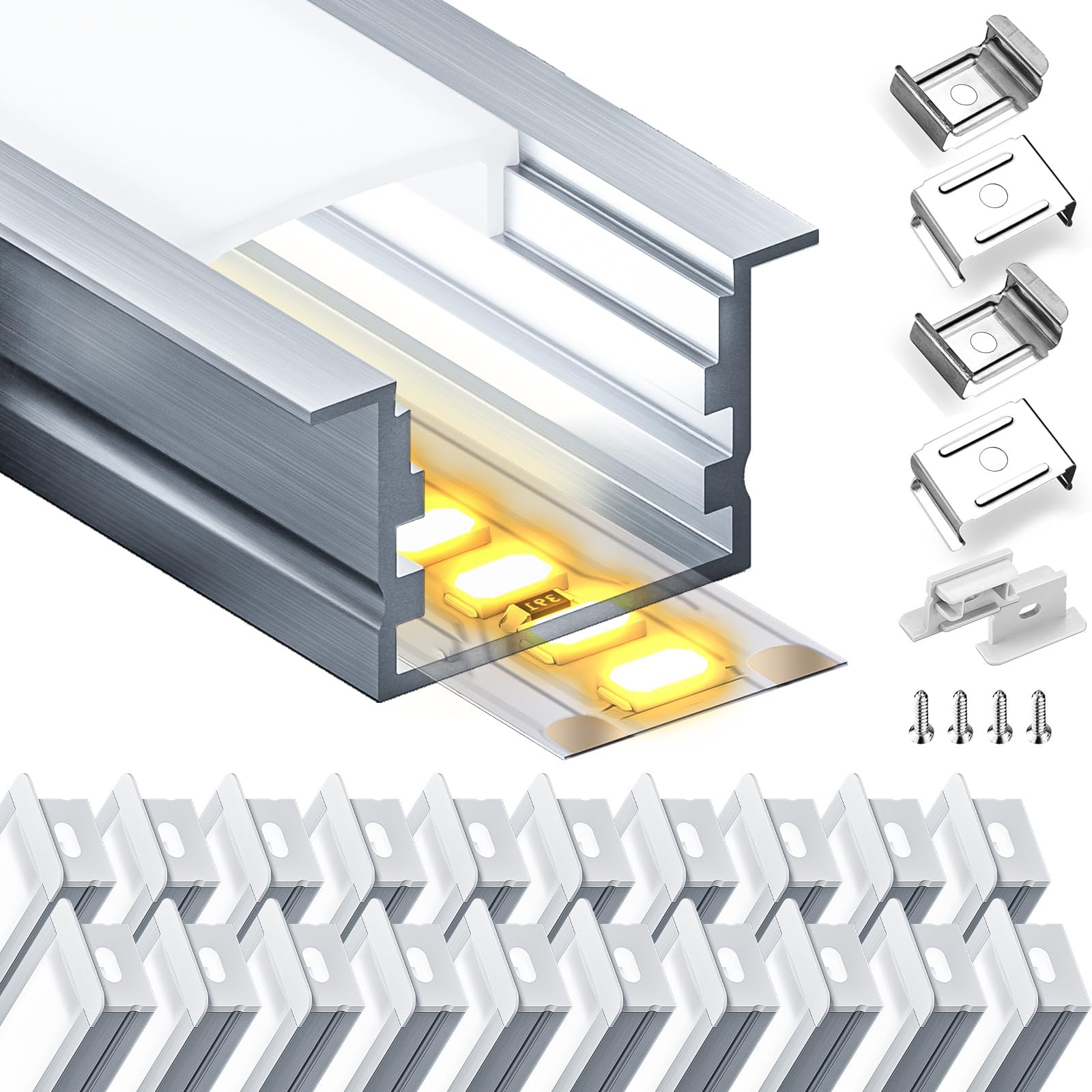 Profilo in alluminio a LED, 20 x 2 m (40 m), per strisce LED fino a 15 mm di larghezza, con copertura in PC bianco latte e set di accessori (SP25)