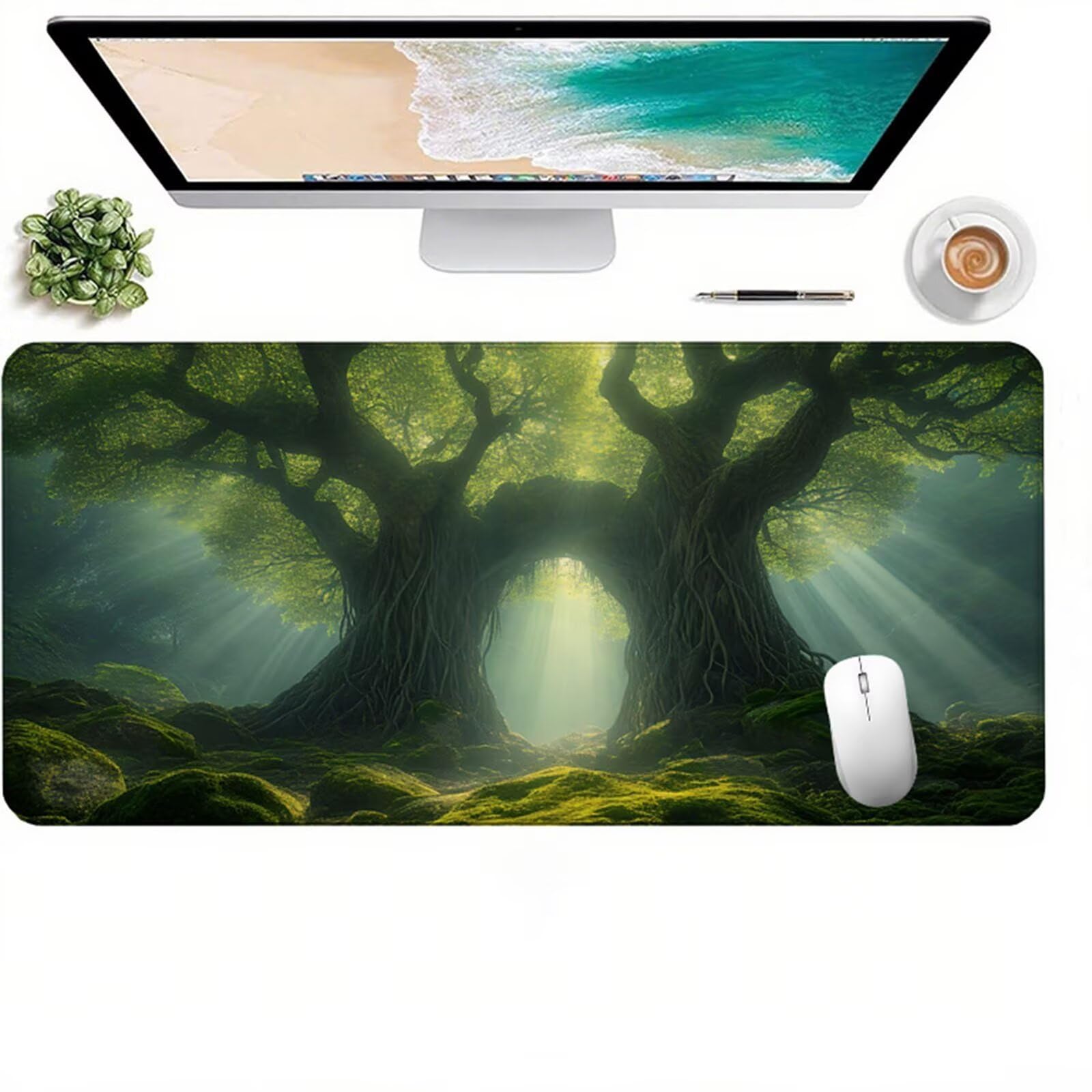 Zielona podkładka pod mysz dla graczy XXL 1400 x 600 x 3 mm, pod ręką las na biurko z antypoślizgową i wodoodporną gumową podkładką pod mysz, gładka powierzchnia poprawia precyzję i szybkość D1-255