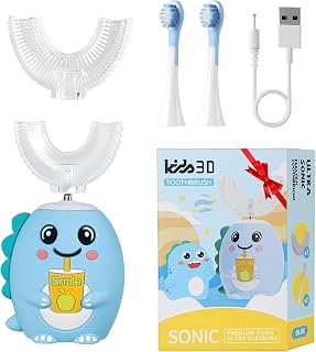 LOOT Kids U Shaped Electric Toothbrush with 4 Brush Heads, 5 Cleaning Modes, Sonic Toothbrush Kids with 60s Smart Reminder, Cartoon Dinosaur 360-Degree Cleaning IPX7 Waterproof Design (Blue, 2-6)