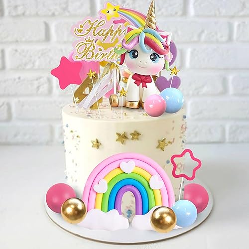 Miniatura 5 de 29 adornos para tartas de unicornio, decoración de pastel de arcoíris con estrellas arco iris, bolas de unicornio, decoraciones de pastel de feliz