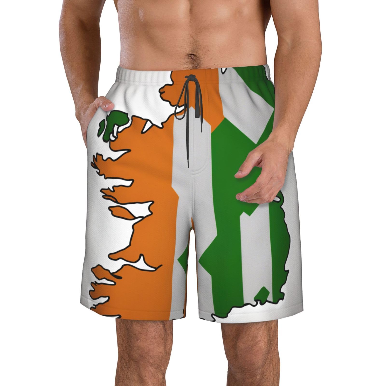 ETASUIOL Abstract Irish Flag Map Print Men's Beach Shorts,Stylish Swim Trunks for Men,Board Shorts with Quick-Dry Polyester White