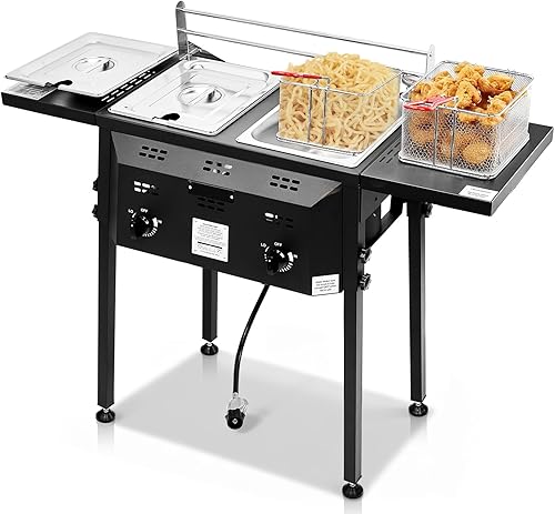Outvita Freidora de propano para exteriores, freidora comercial de doble quemador, olla de 16 cuartos de galón con cestas extraíbles, tapas y