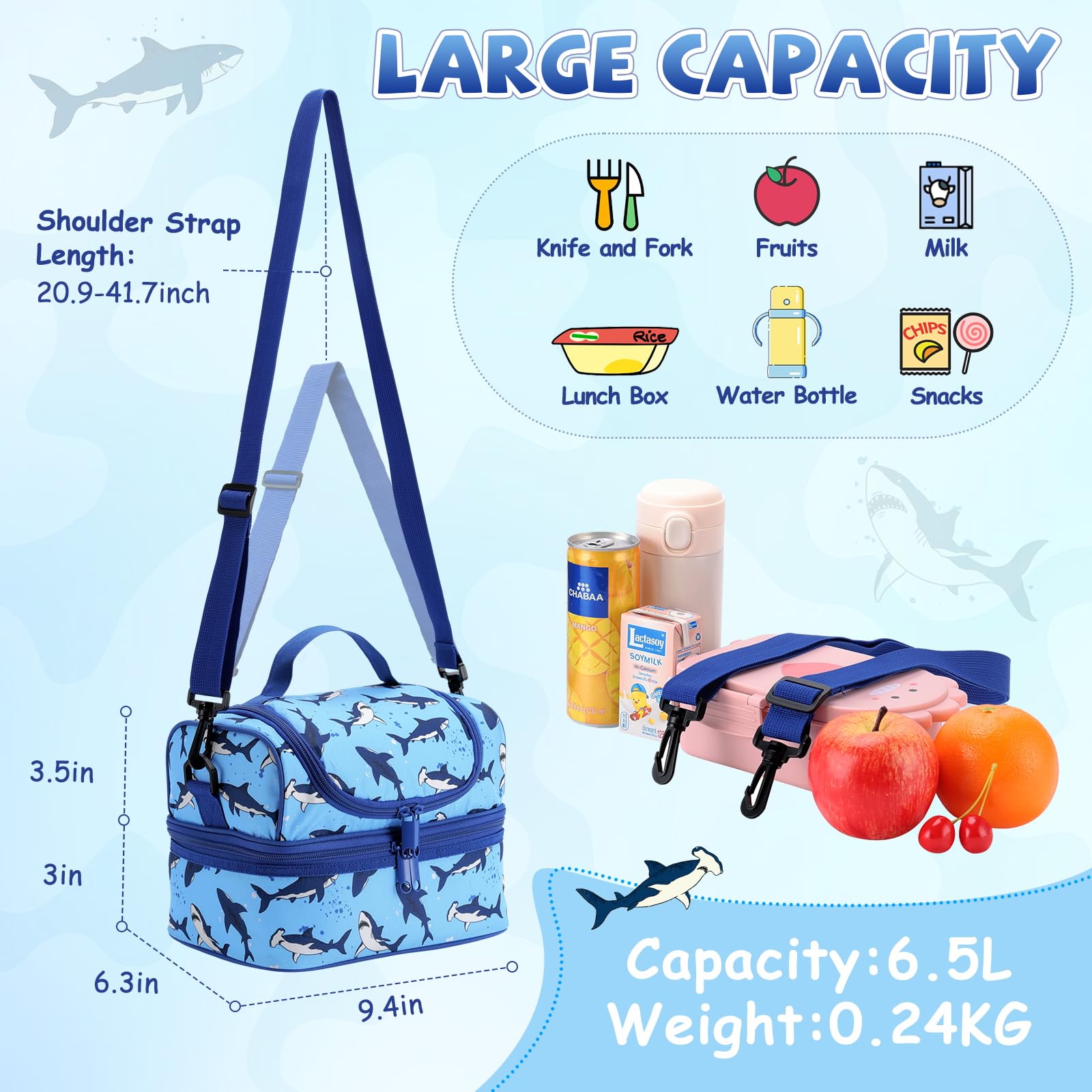 Lunch Bag for Kids,ChaseChic Insulated Lunch Boxes Bag Lightweight Water-Resistant Cooler Bag for Boys Girls in Dual Compartment Leak-Proof Lunch Organizer Blue Shark - Image 2